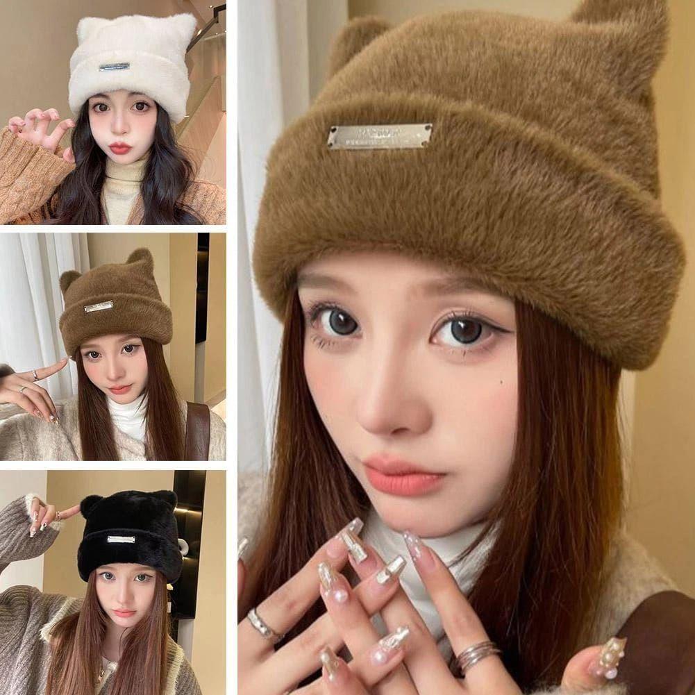 Gorro Beanie de Peluche con Orejitas de Gato Gorro Mujer Estilo Kawaii-3