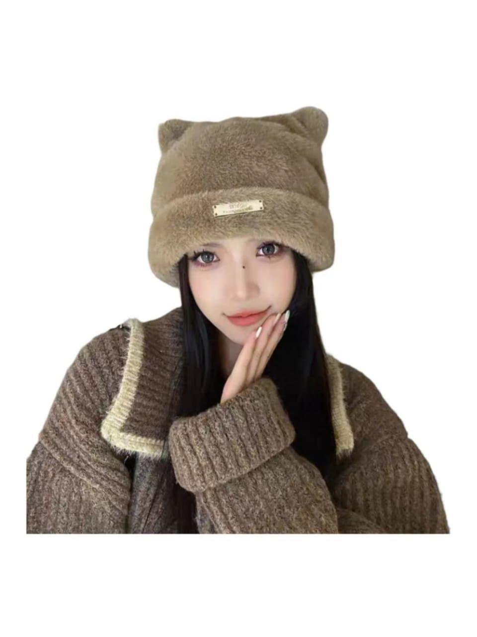 Gorro Beanie de Peluche con Orejitas de Gato Gorro Mujer Estilo Kawaii-4