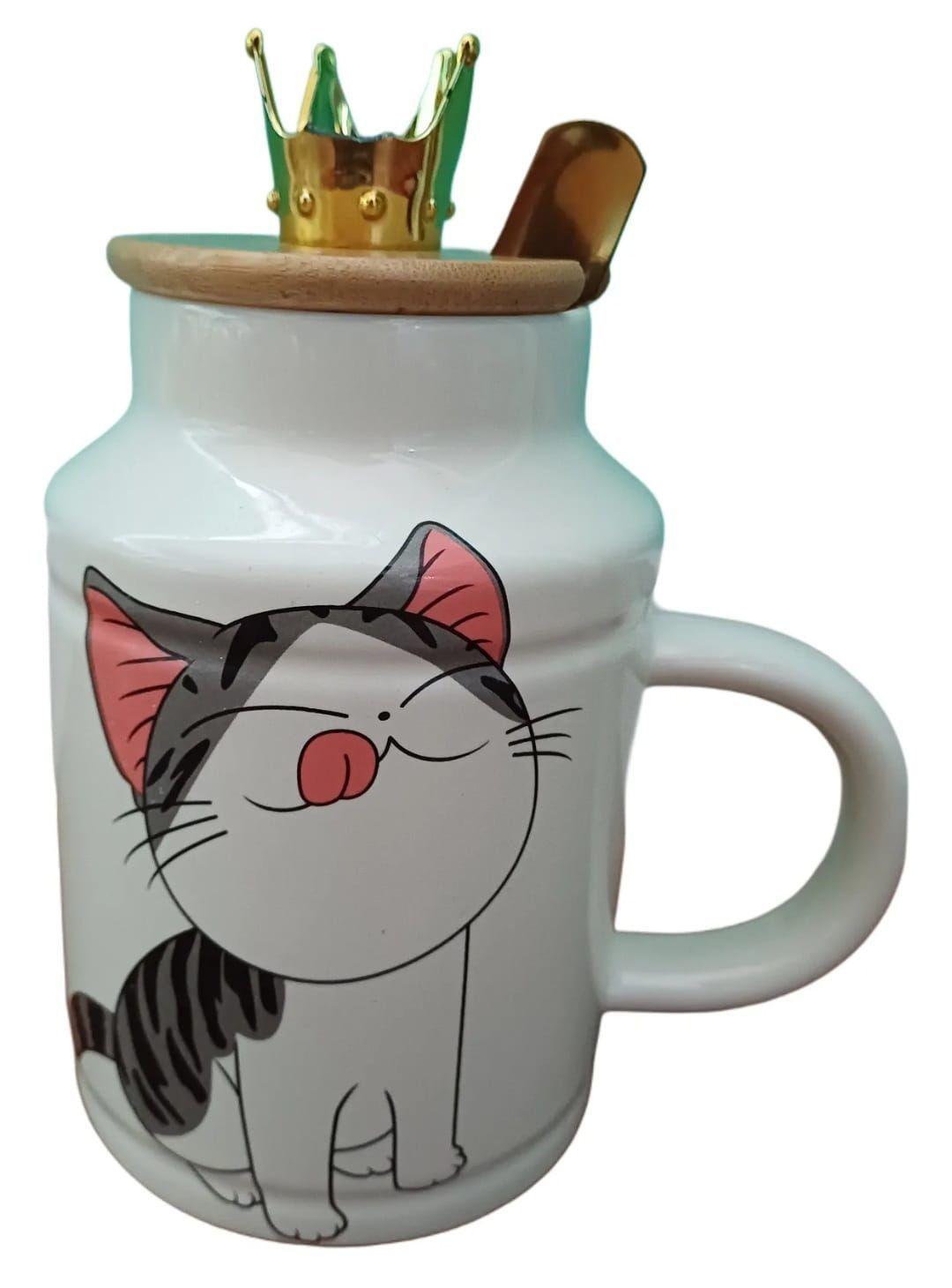 Taza Tazon Mug Gata Shi Con Tapa Corona y Cuchara-0