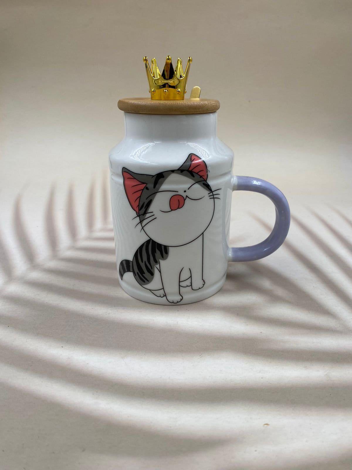 Taza Tazon Mug Gata Shi Con Tapa Corona y Cuchara-1
