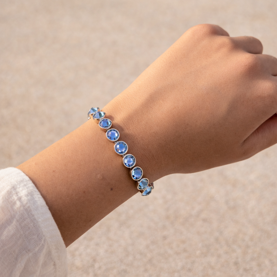 Pulsera de tenis con cristales zafiro claro en baño de rodio-5