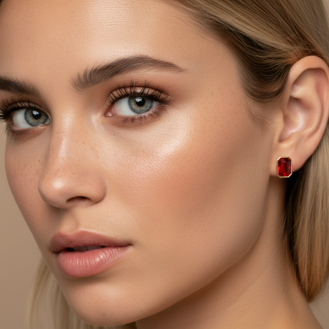 Aros Octágono con cristal de Swarovski Rojo Escarlata en oro-2