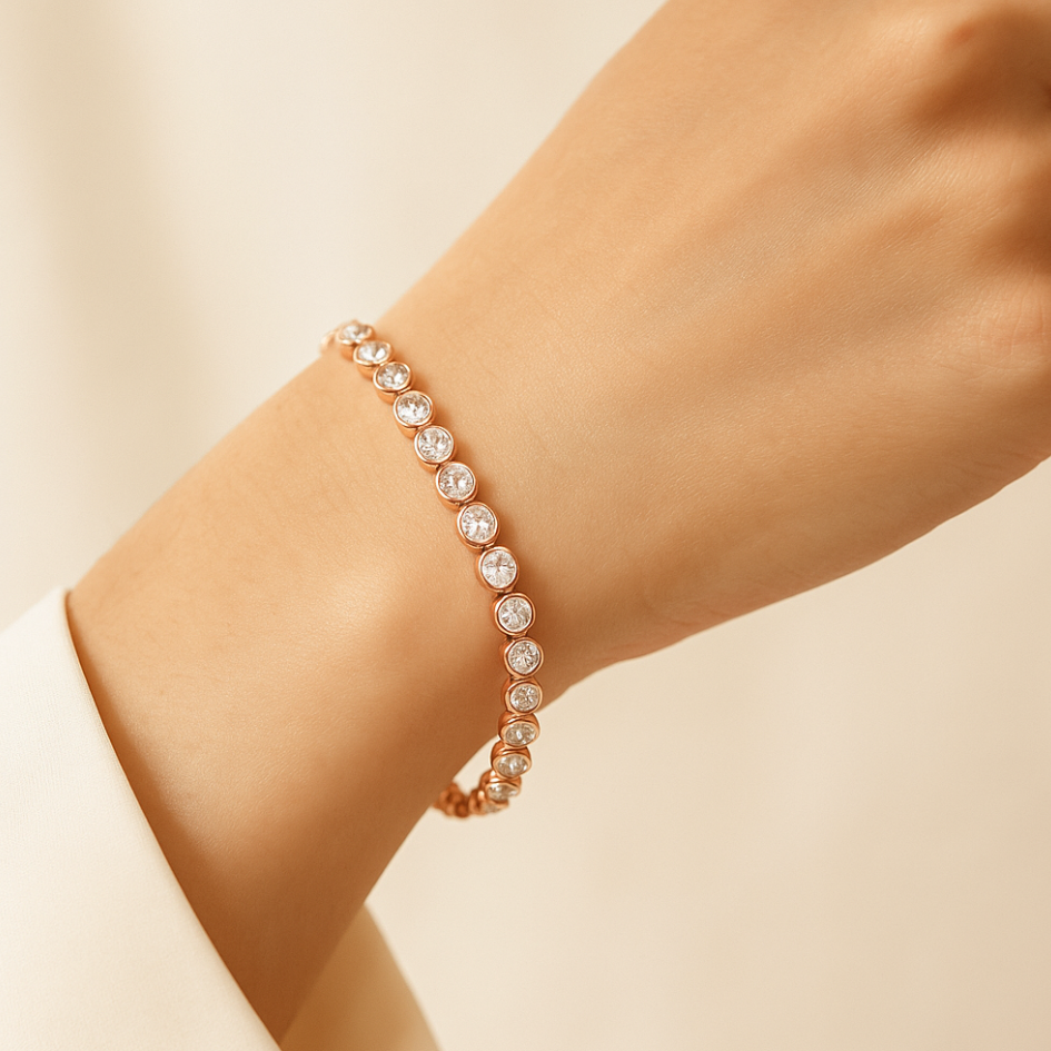 Pulsera tennis con cristales Swarovski® transparentes bañados en oro rosa-3