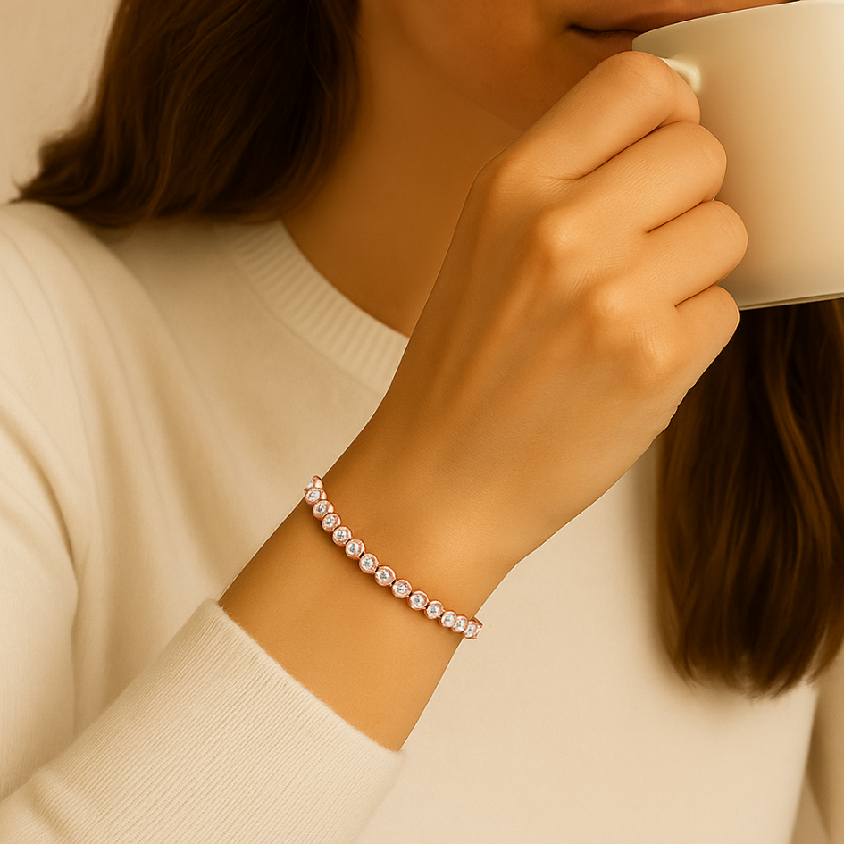 Pulsera tennis con cristales Swarovski® transparentes bañados en oro rosa-4