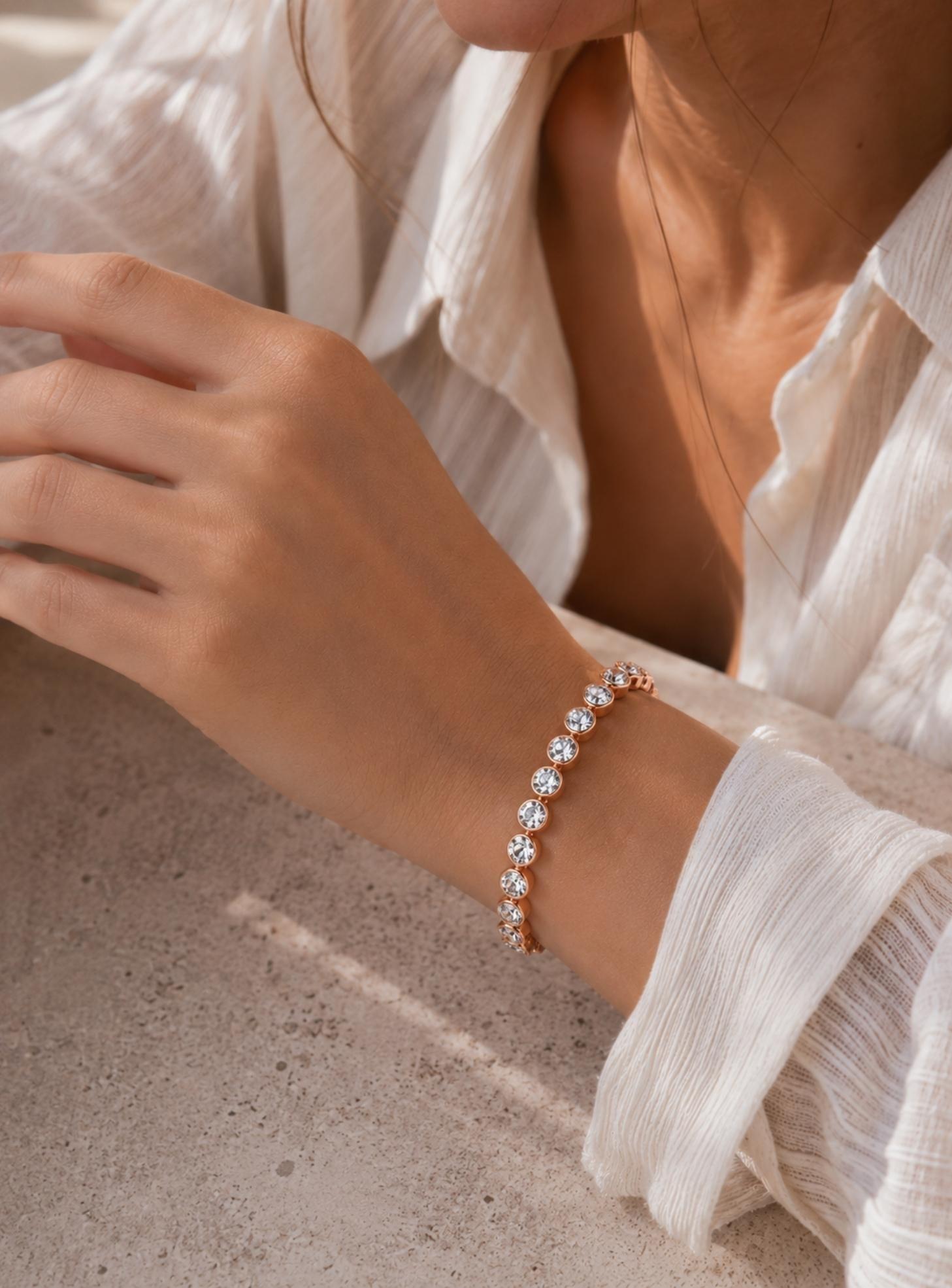 PulseraPulsera tennis con cristales Swarovski® transparentes bañados en oro rosa-3
