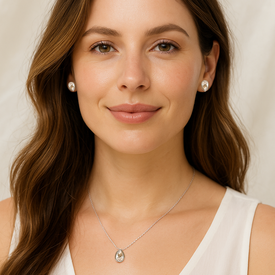 Set Lágrima Brillante Cristal Austriaco Collar y Aros Rodio -2