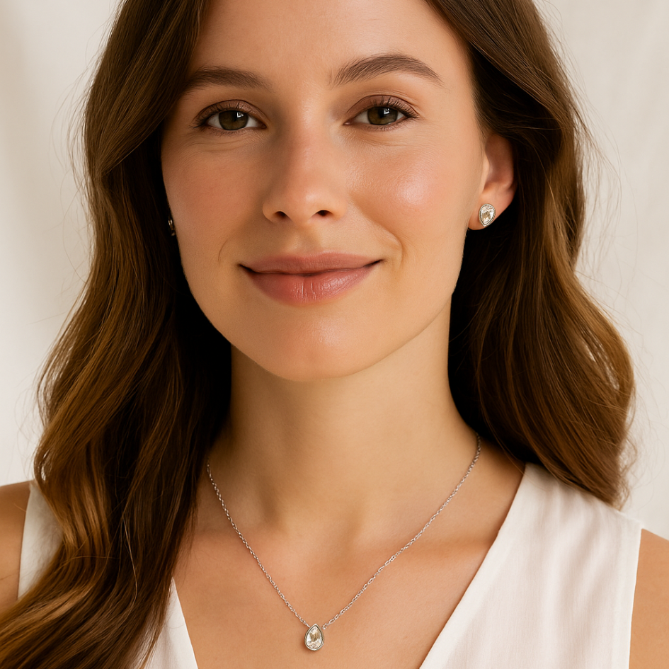 Set Lágrima Brillante Cristal Austriaco Collar y Aros Rodio -5