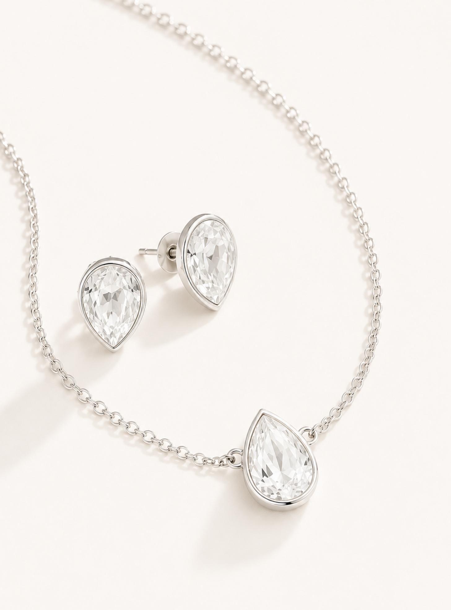 Set Gota Rodio con Cristales de Austria – Collar y Aros Mujer Elegantes-3