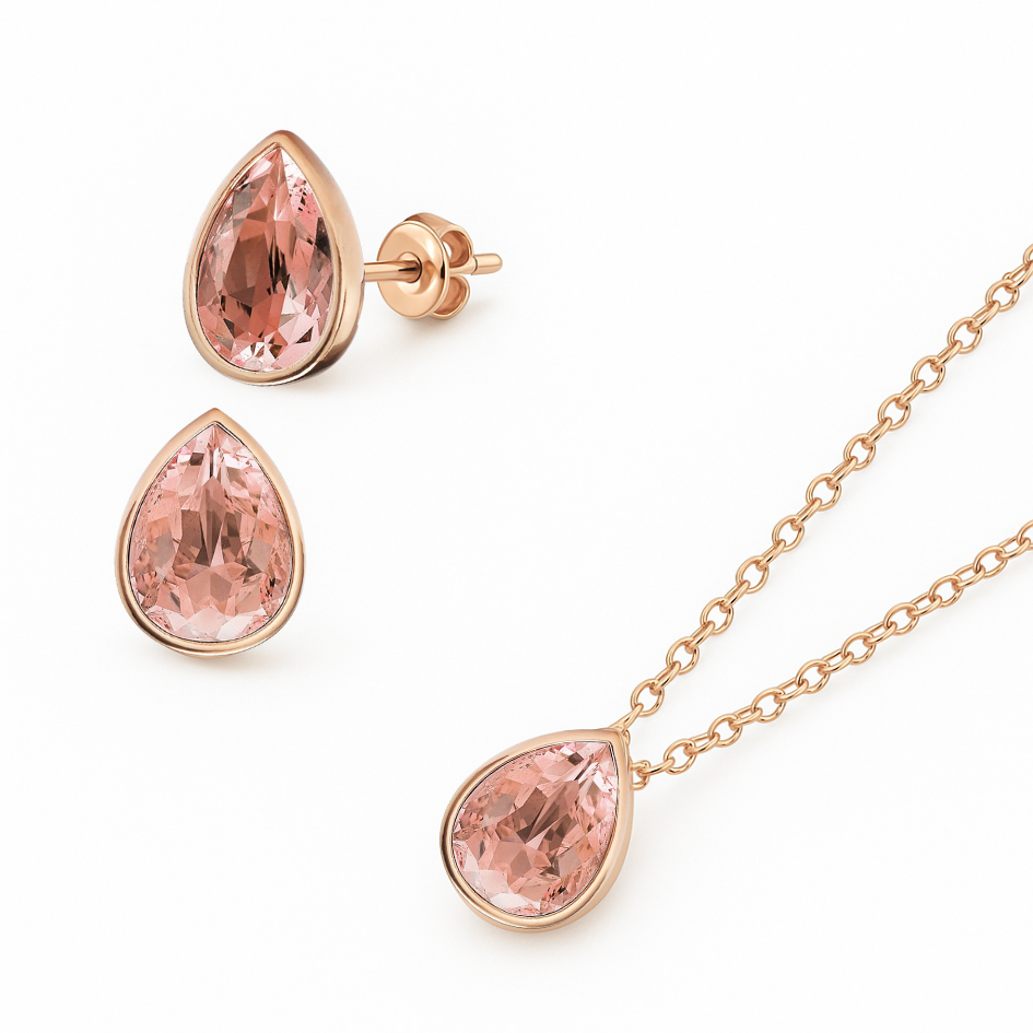 Set Collar y Aros Lágrima Cristal de Austria Rosa Vintage | Oro Rosa Hipoalergénico-4