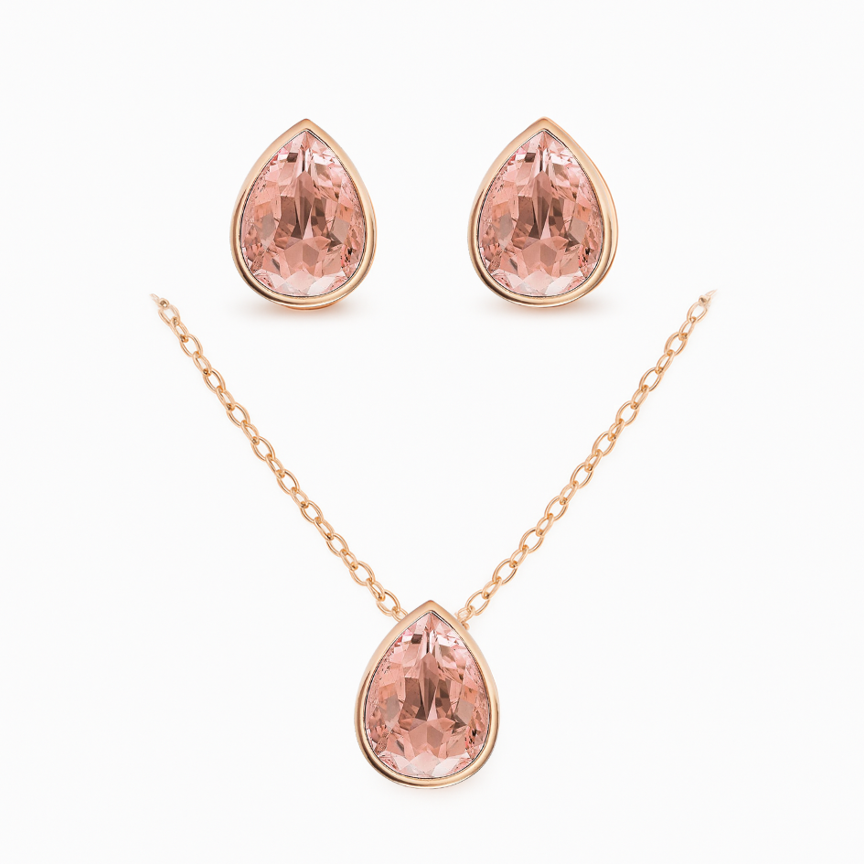 Set Collar y Aros Lágrima Cristal de Austria Rosa Vintage | Oro Rosa Hipoalergénico-4