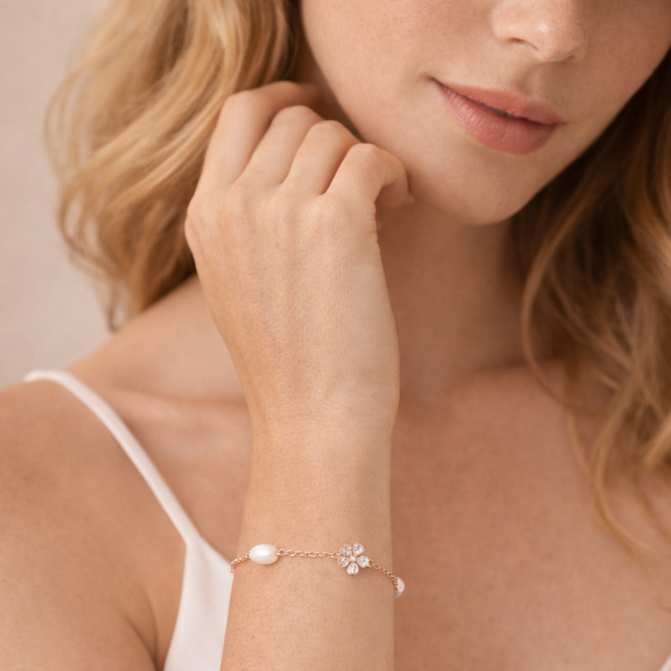 Pulsera Cherry Blossom con Perlas y Baño Oro Rosa-3