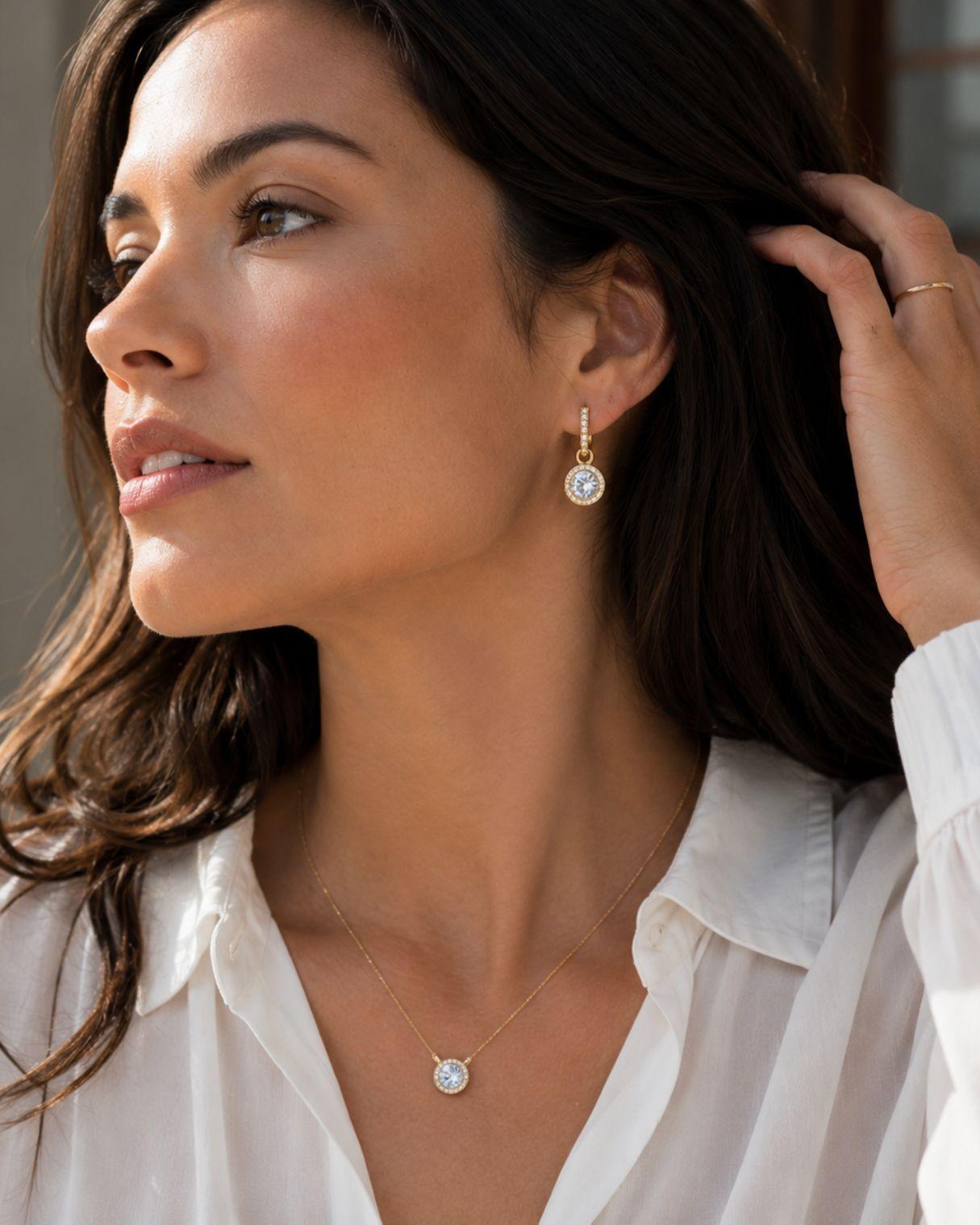 Aros Colgantes Mujer Oro con Charms Cristal Transparente-3