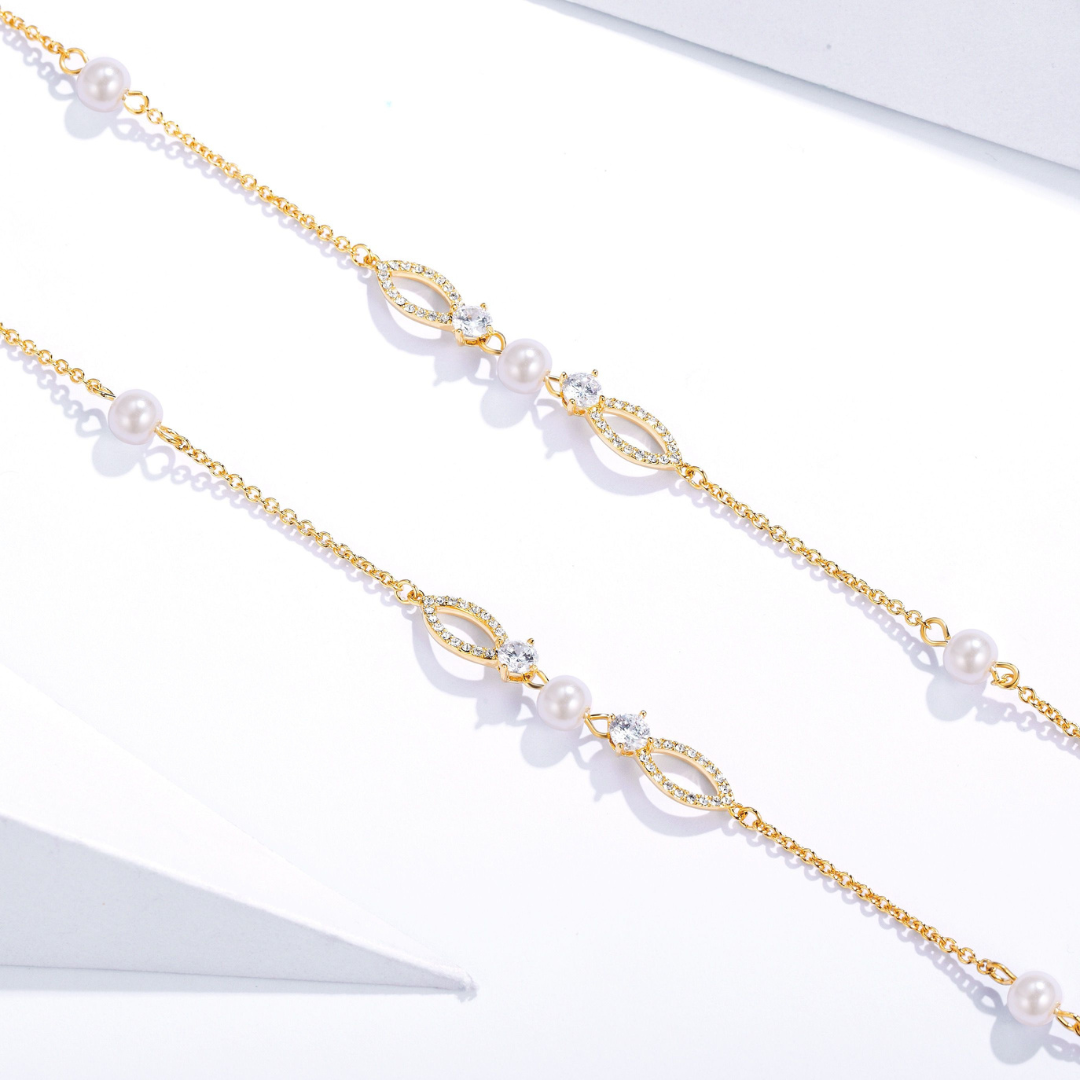 Collar Largo de Perlas Blancas y Cristales en Rodio-3