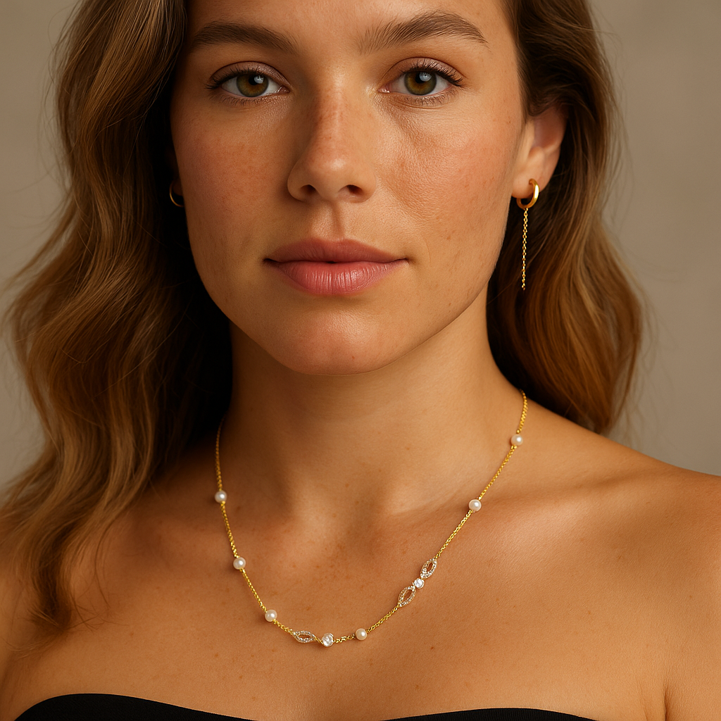 Collar Largo de Perlas Blancas y Cristales en Rodio-4