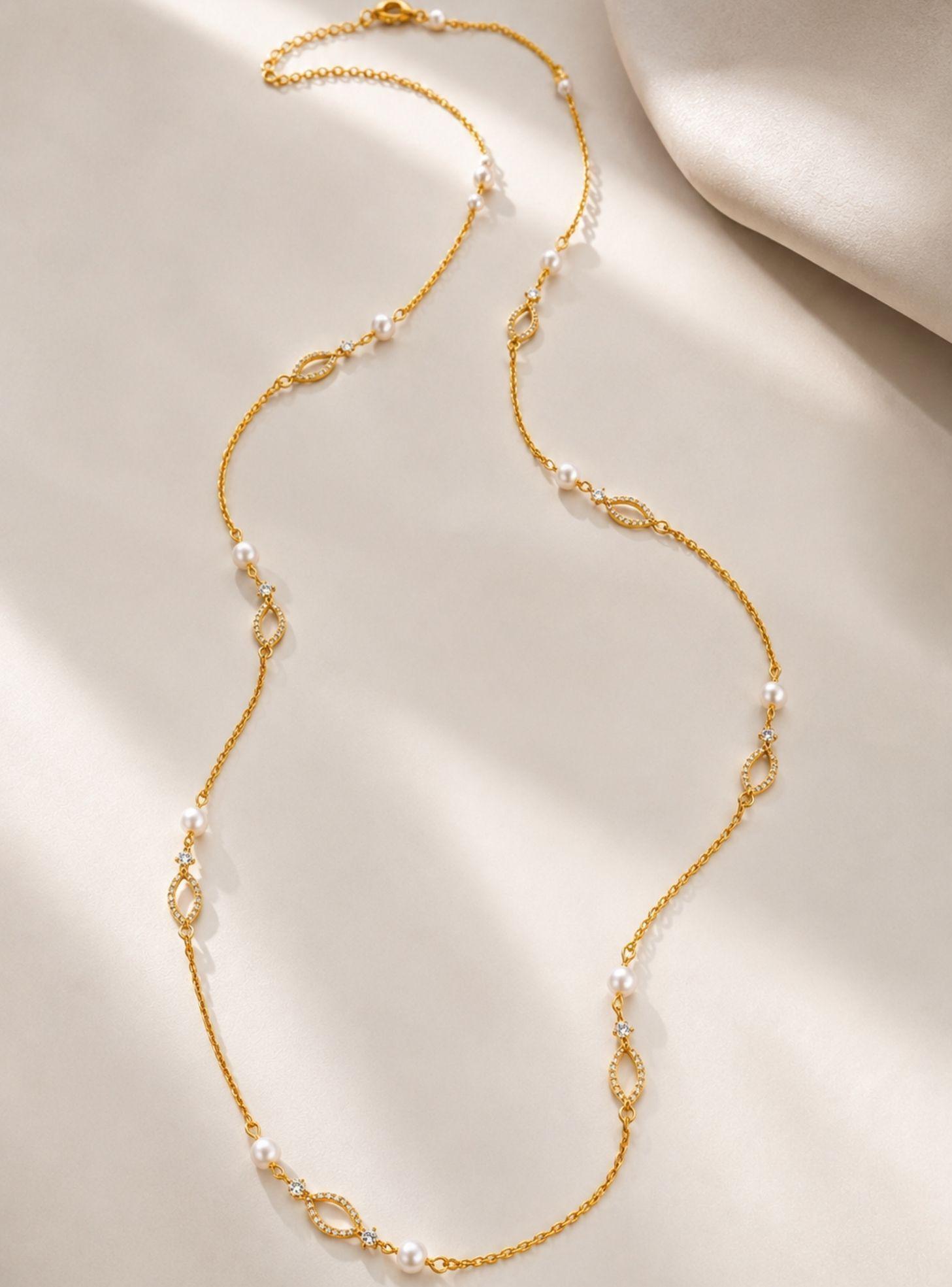 Collar Largo Mujer Perlas Blancas y Cristales 90 cm Rodio-3