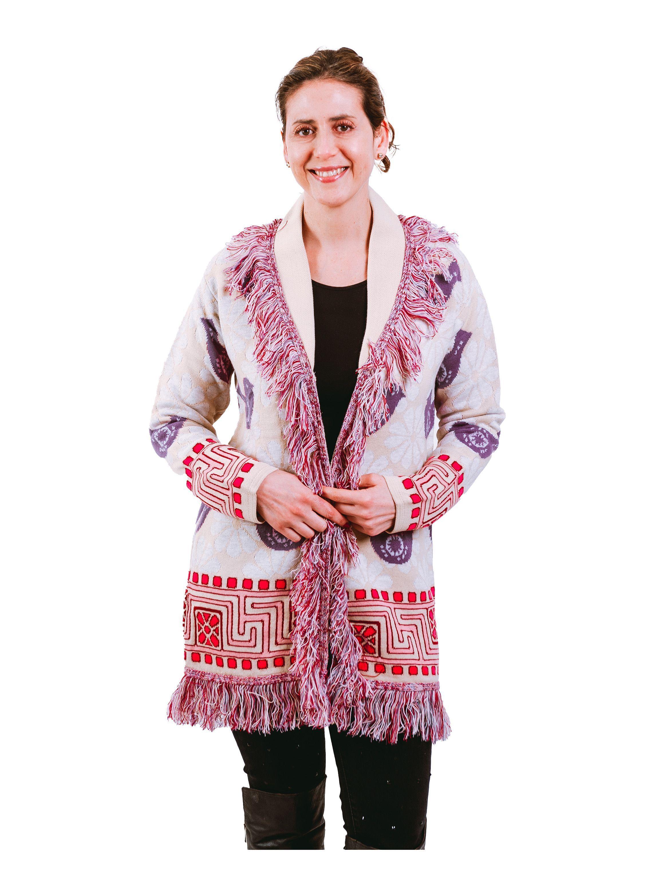 Chaleco Tejido con Flecos, Jacquard Pajaritos.-0