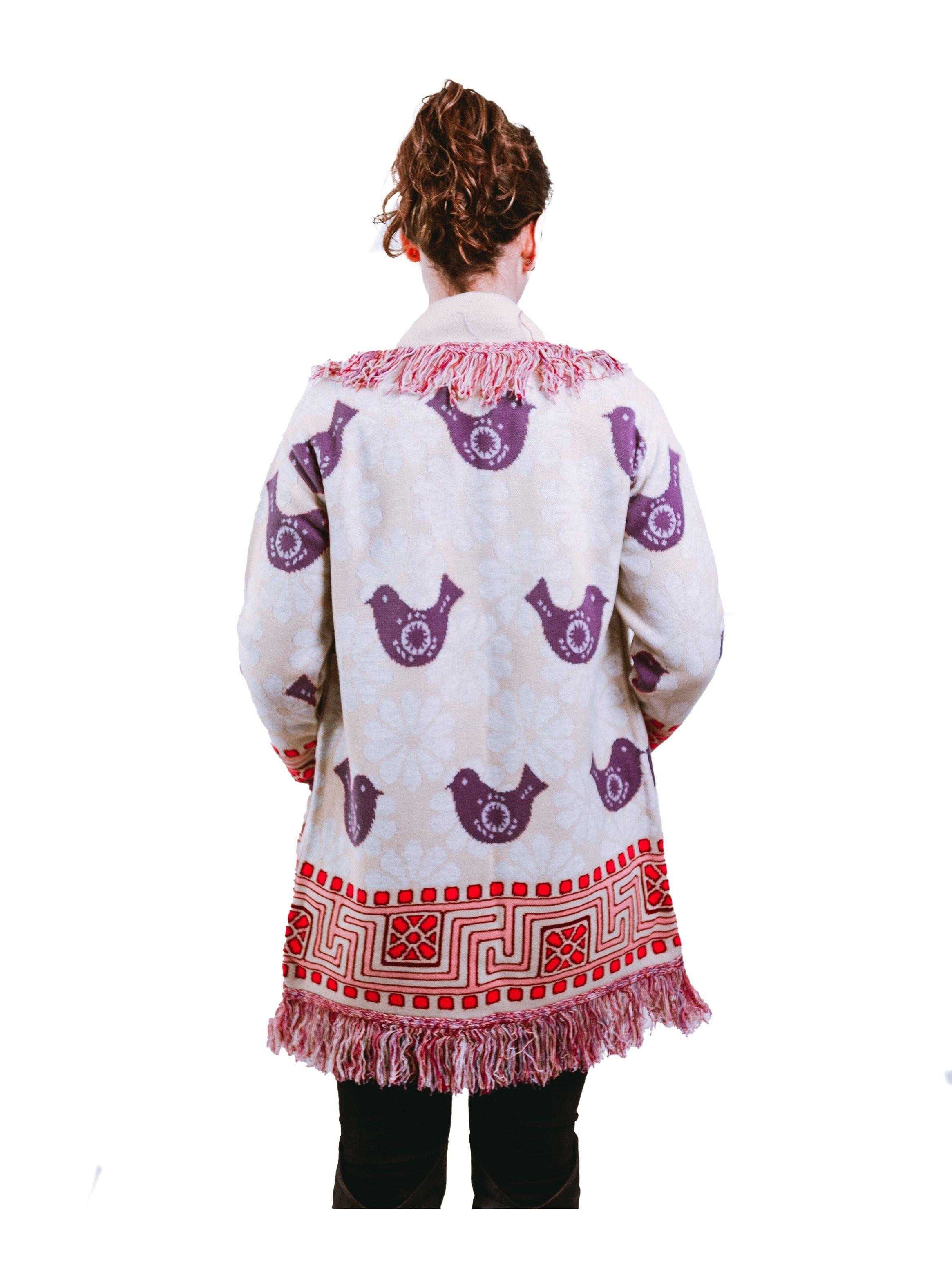 Chaleco Tejido con Flecos, Jacquard Pajaritos.-1
