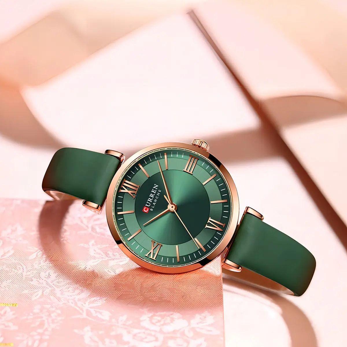 Reloj pulsera Curren 9079 con correa de cuero color verde-0