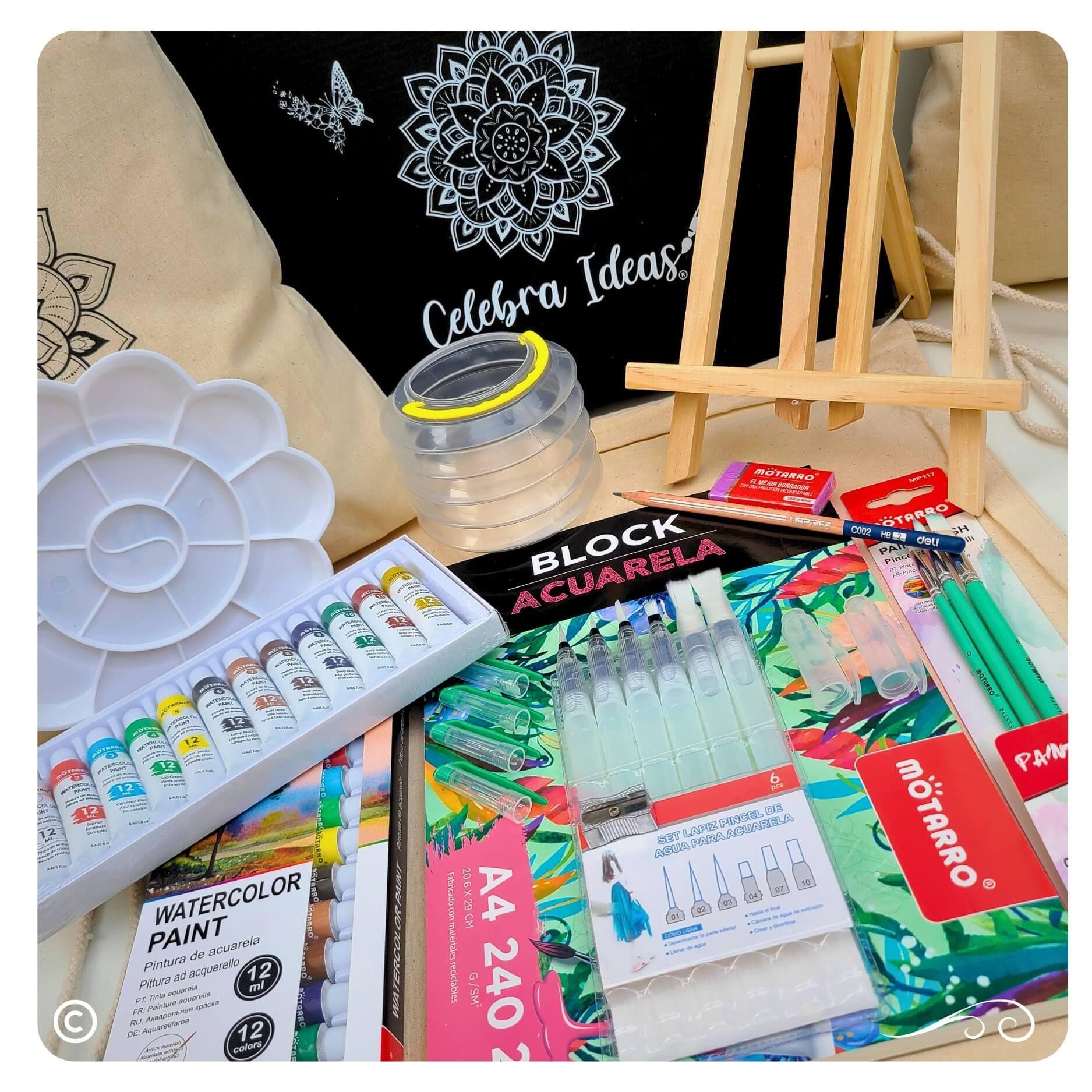 Set kit de arte pinturas acuarelas con pinceles recargables y croquera -7