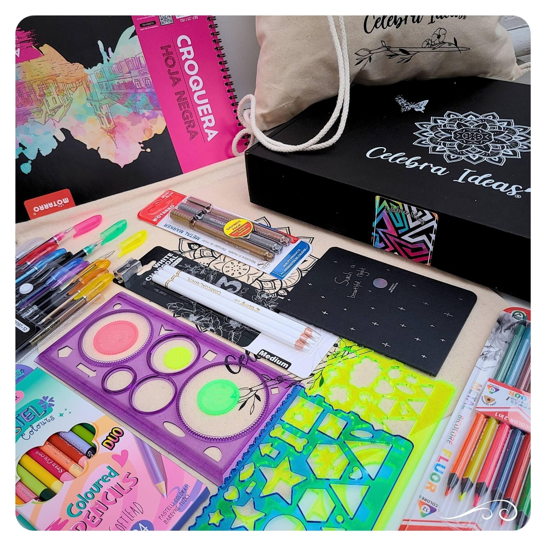 Set kit de Arte Dibujo en Hojas Negras colores metal Fluor pastel-3