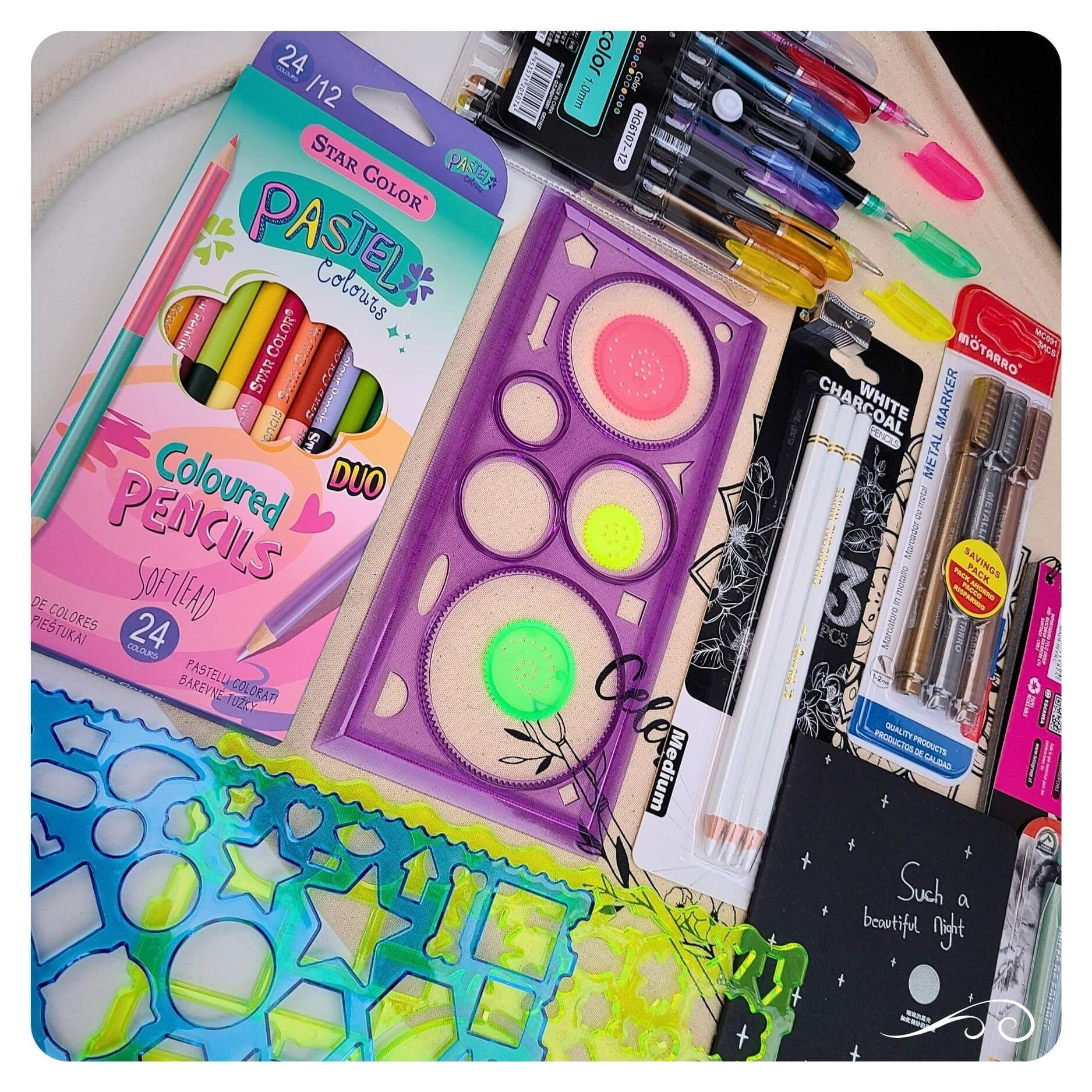 Set kit de Arte Dibujo en Hojas Negras colores metal Fluor pastel-4
