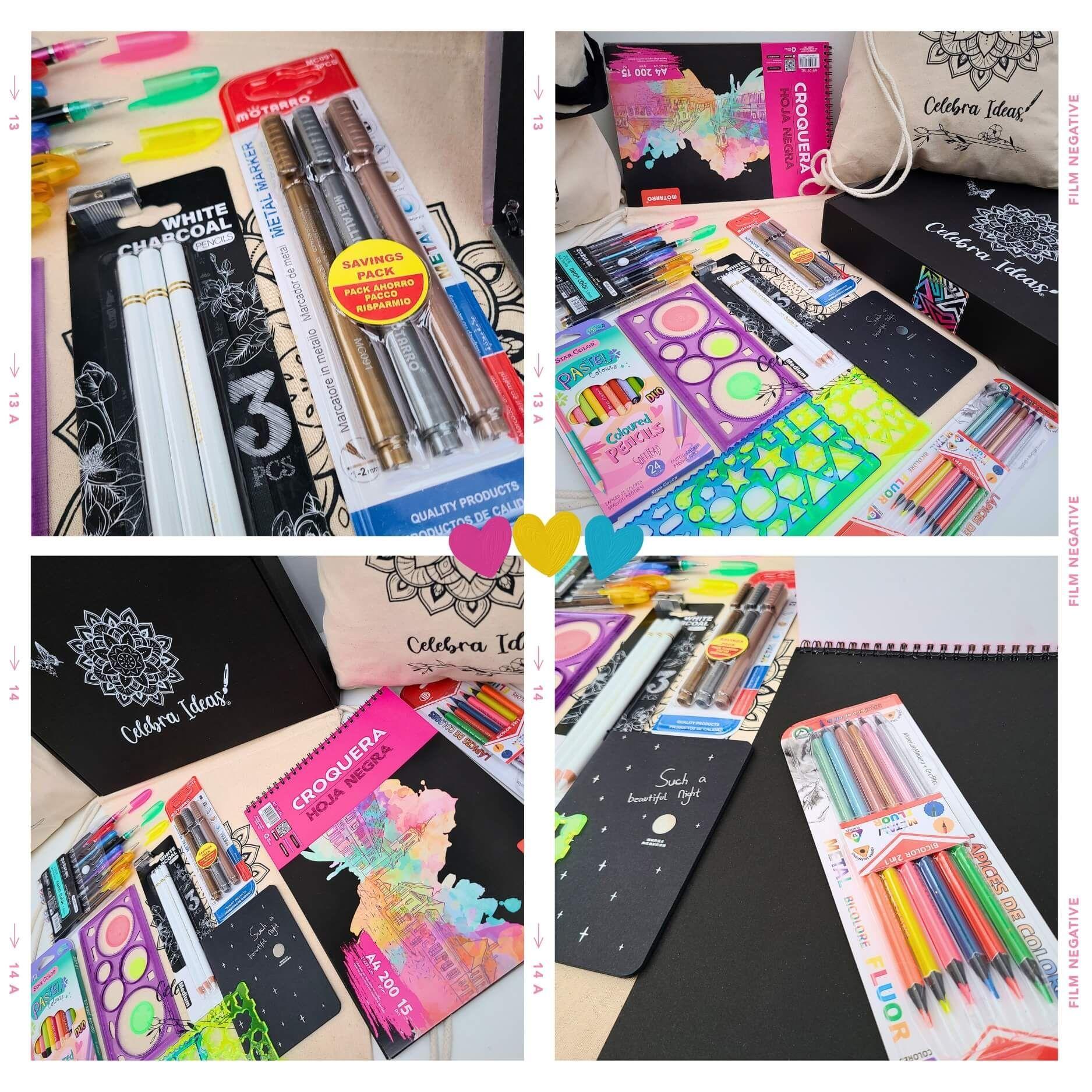 Set kit de Arte Dibujo en Hojas Negras colores metal Fluor pastel-7