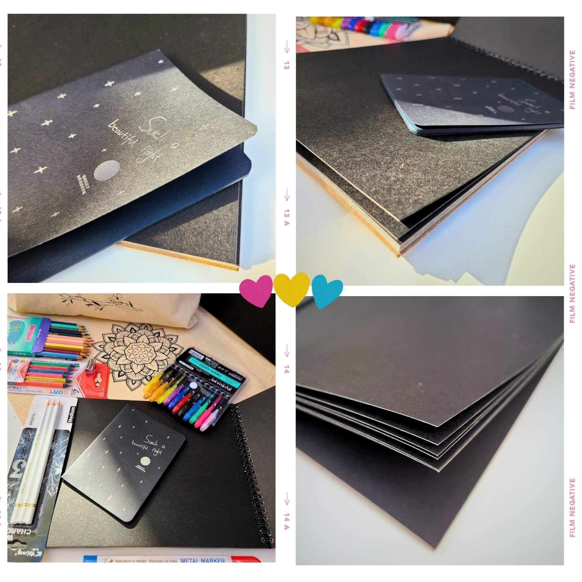 Set kit de Arte Dibujo en Hojas Negras colores metal Fluor pastel-4