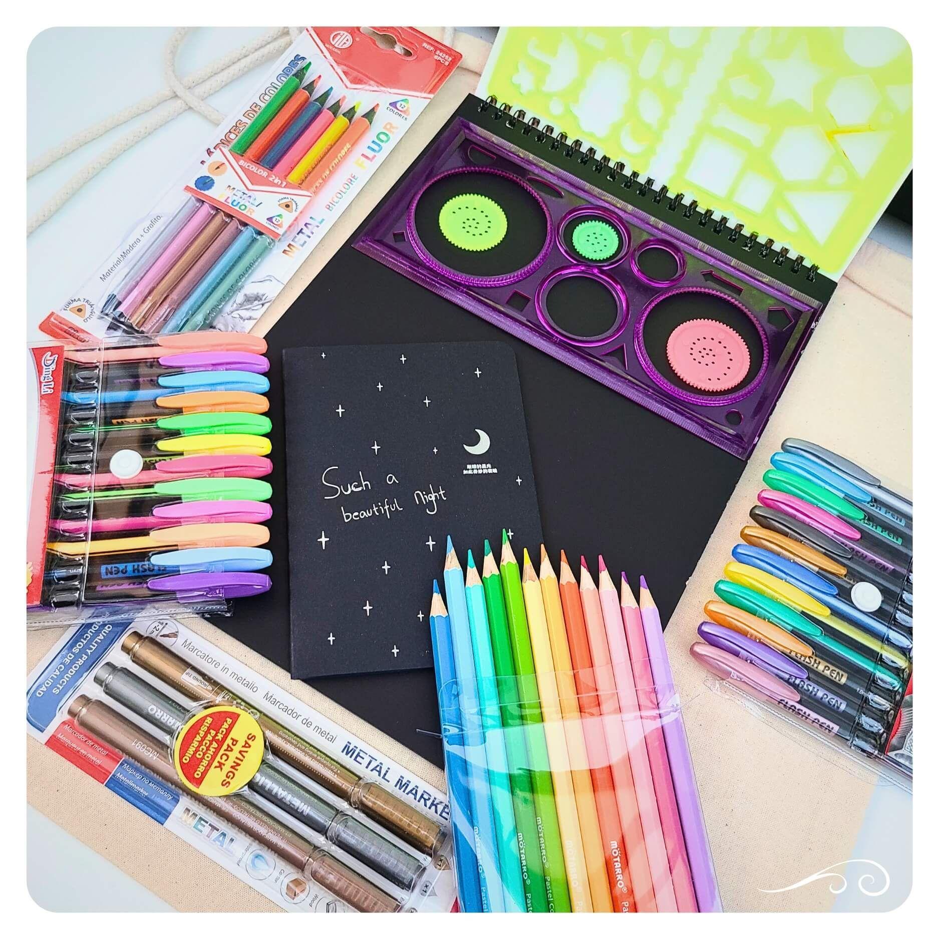 Set kit de Arte Dibujo en Hojas Negras colores metal Fluor pastel-5
