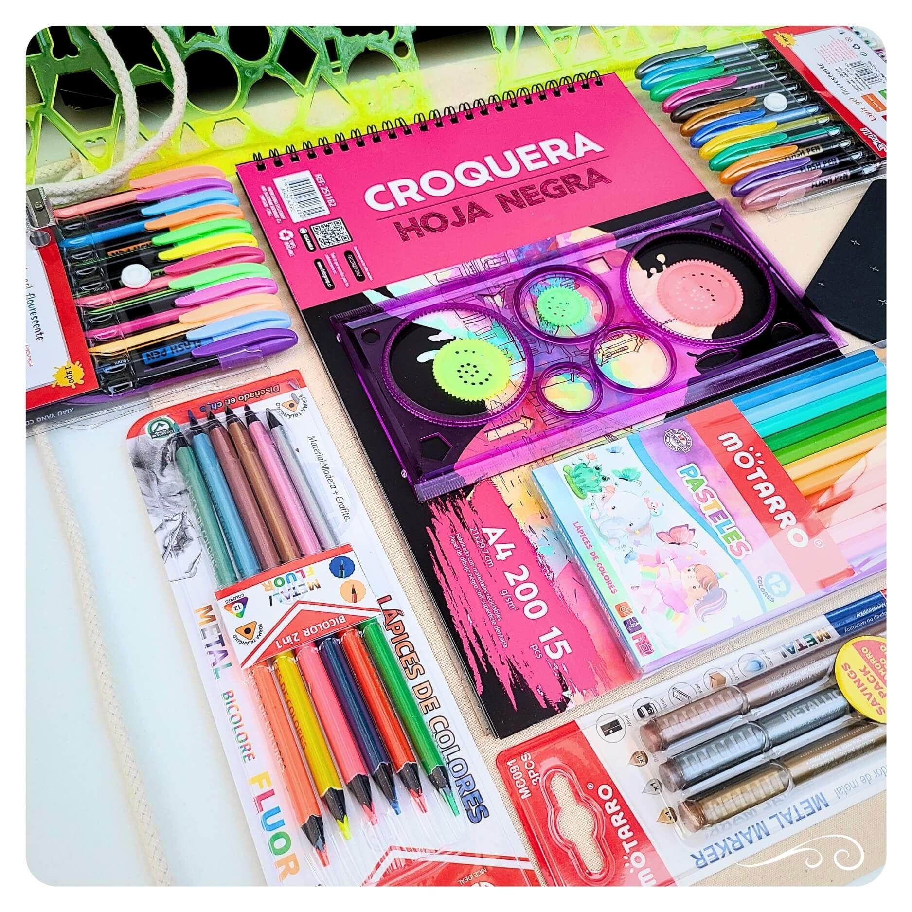 Set kit de Arte Dibujo en Hojas Negras colores metal Fluor pastel-6