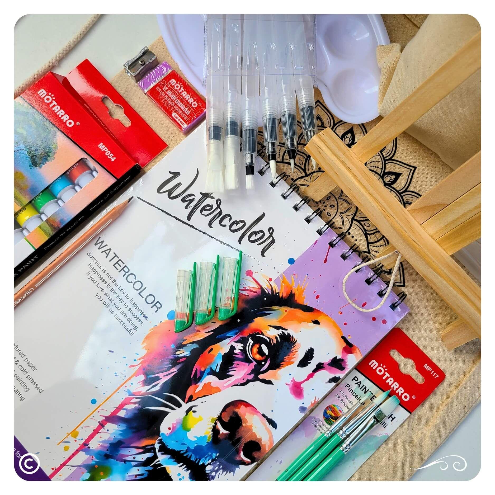 Set kit de arte pack artistico con acuarelas pinceles recargables, atril y croquera-3