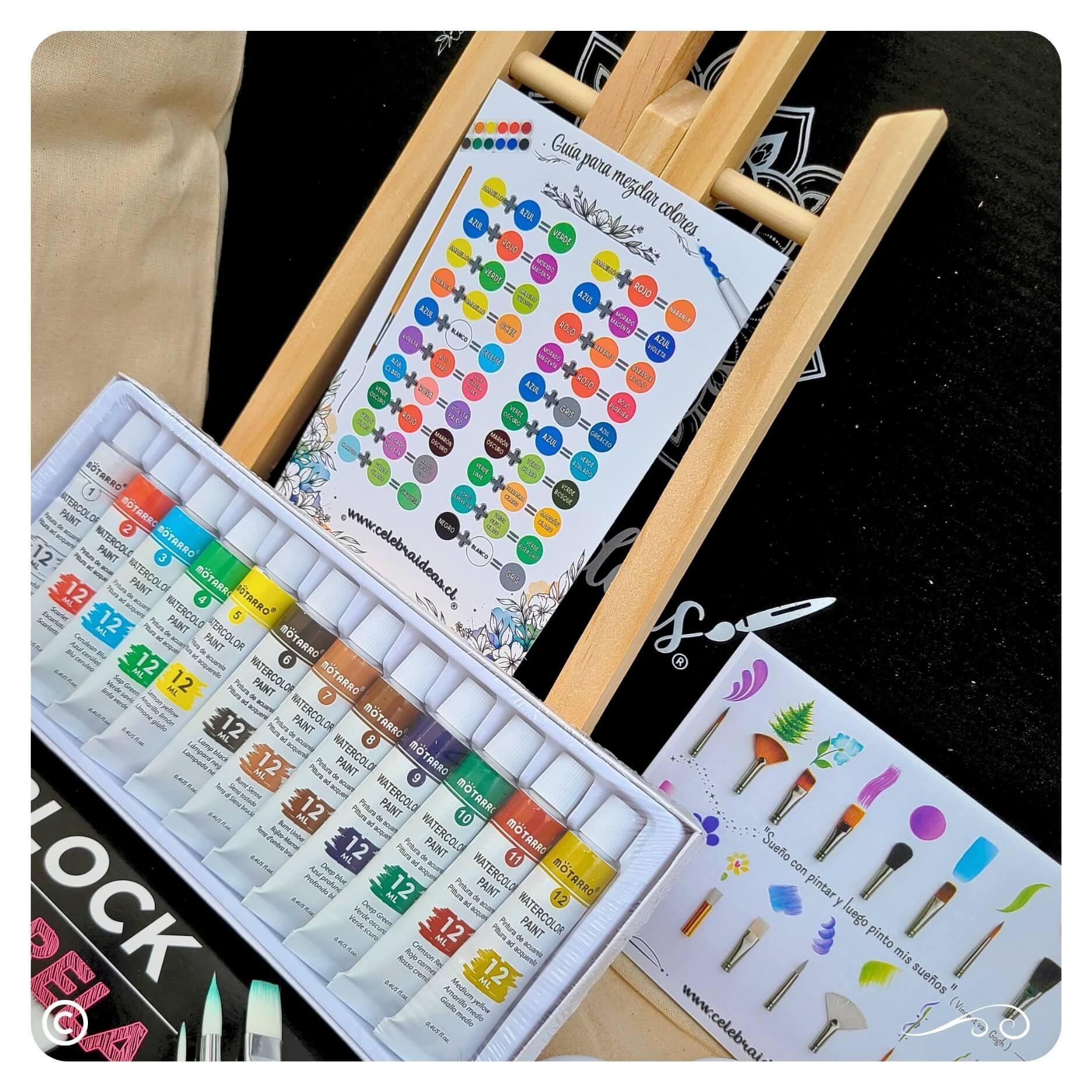Set kit de arte pack artistico con acuarelas pinceles recargables, atril y croquera-5