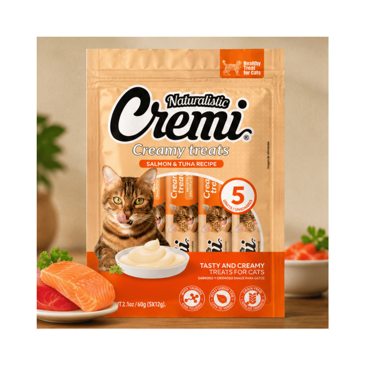 Snack Cremi Salmón Atún Gato 5 Sachet 60g-5