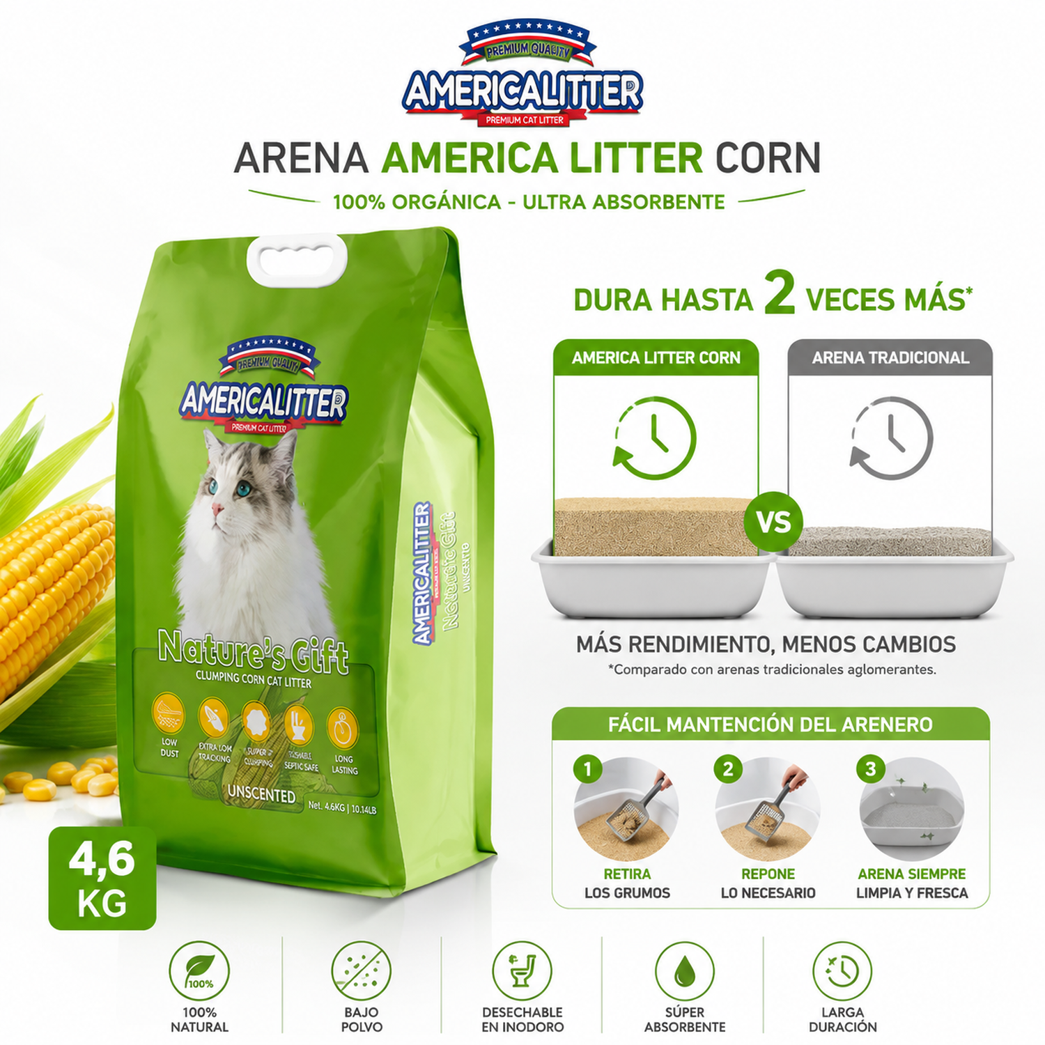 Arena Sanitaria Gato America Litter Corn 4,6 kg-2
