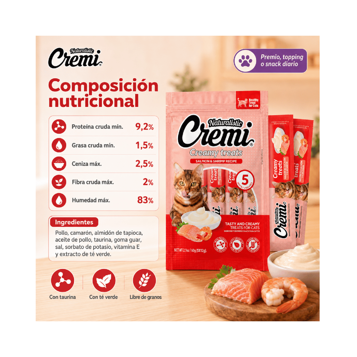 Snack Cremi Salmón Camarón Gato 5 Sachet 60g-2