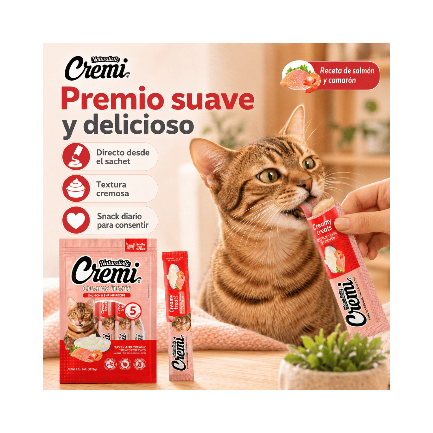 Snack Cremi Salmón Camarón Gato 5 Sachet 60g-4