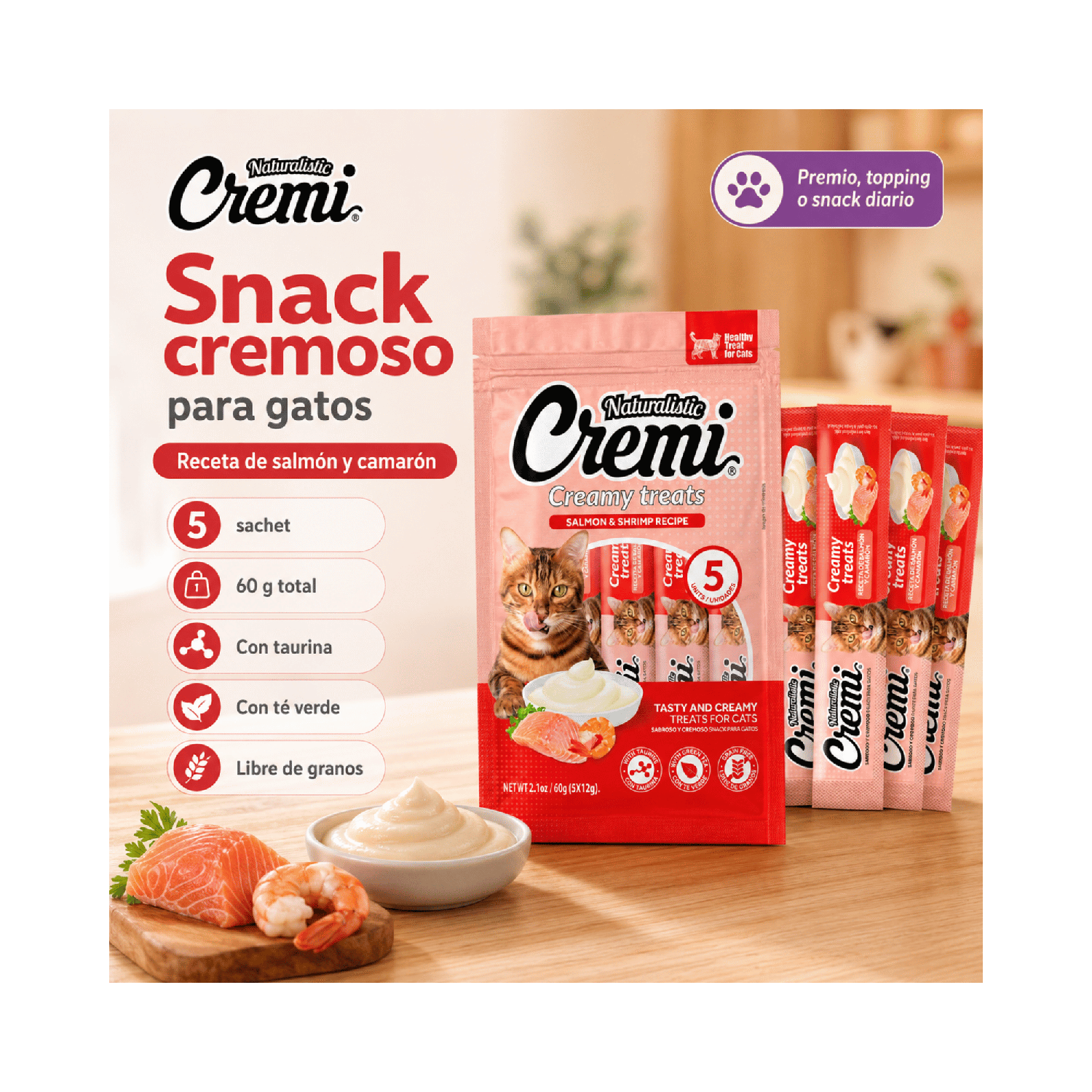Snack Cremi Salmón Camarón Gato 5 Sachet 60g-5
