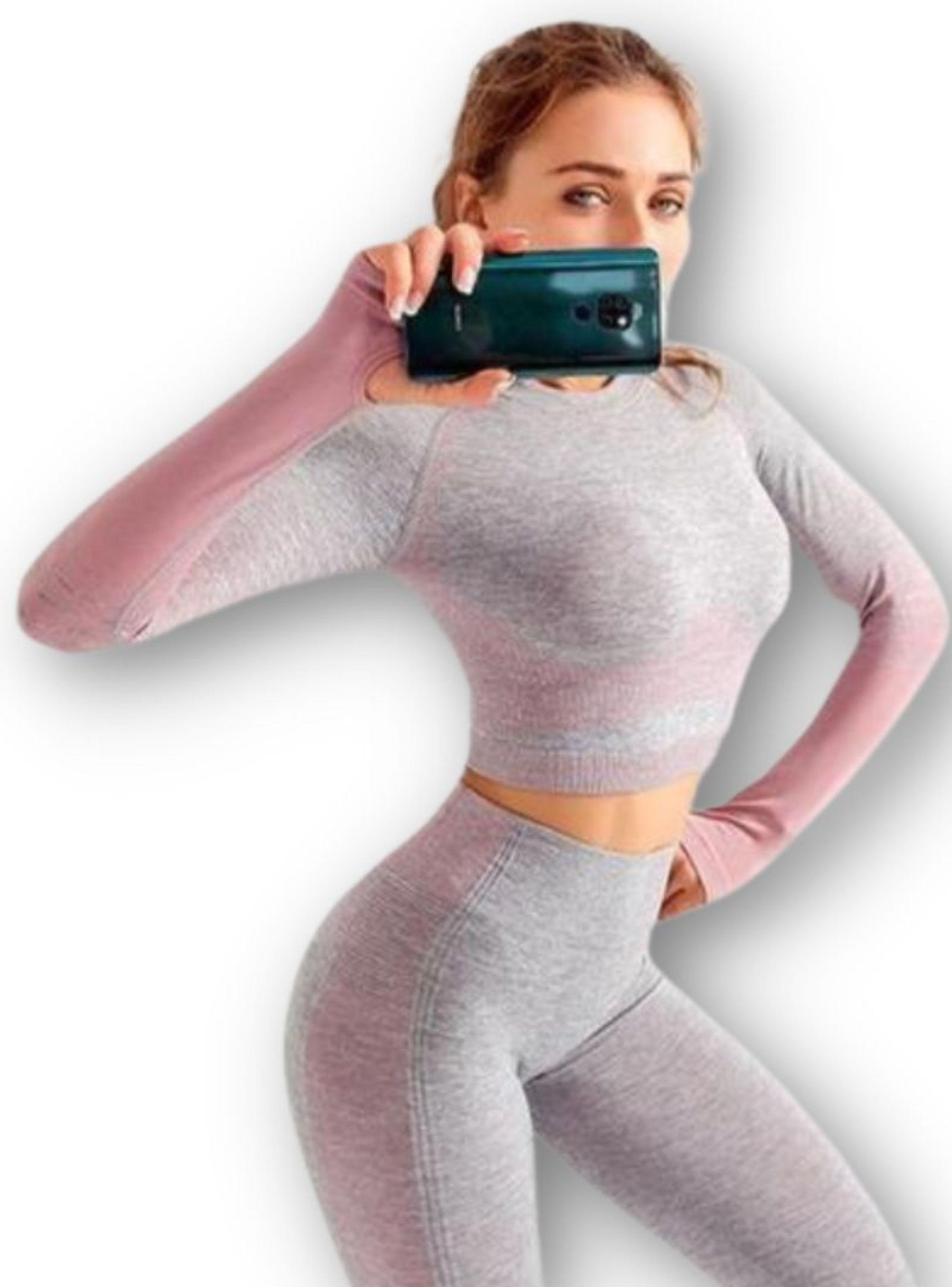 Conjunto Fitness Rosado Gimnasio 2 Piezas Manga Larga Sin Costuras-2