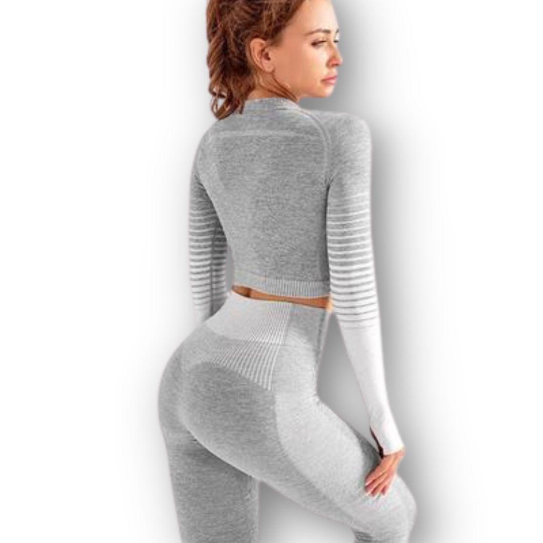 Conjunto Fitness Blanco Gimnasio 2 Piezas Manga Larga Sin Costuras-4