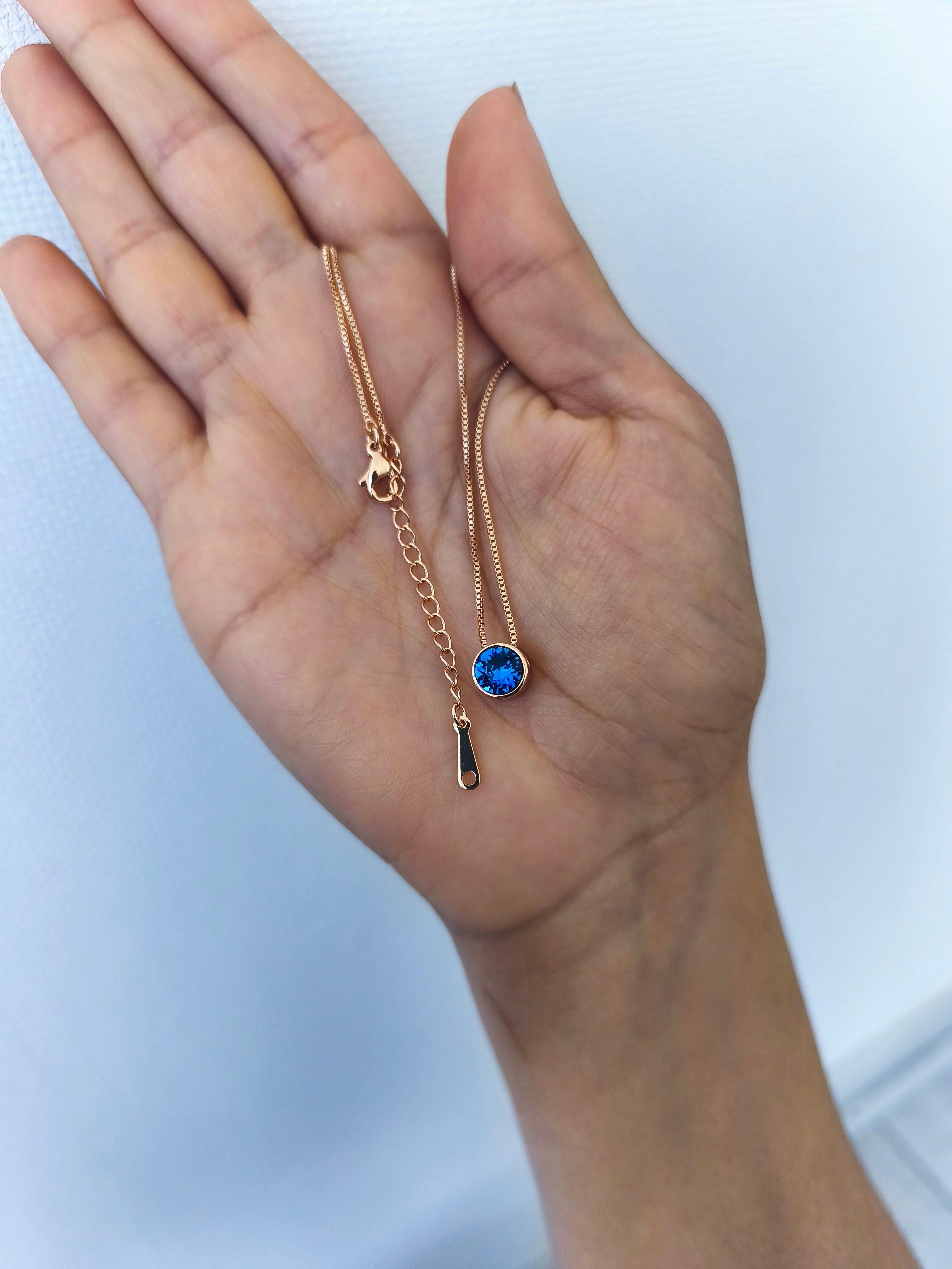 Collar punto de luz azul cristal baño oro rosa 18 mas caja regalo-2