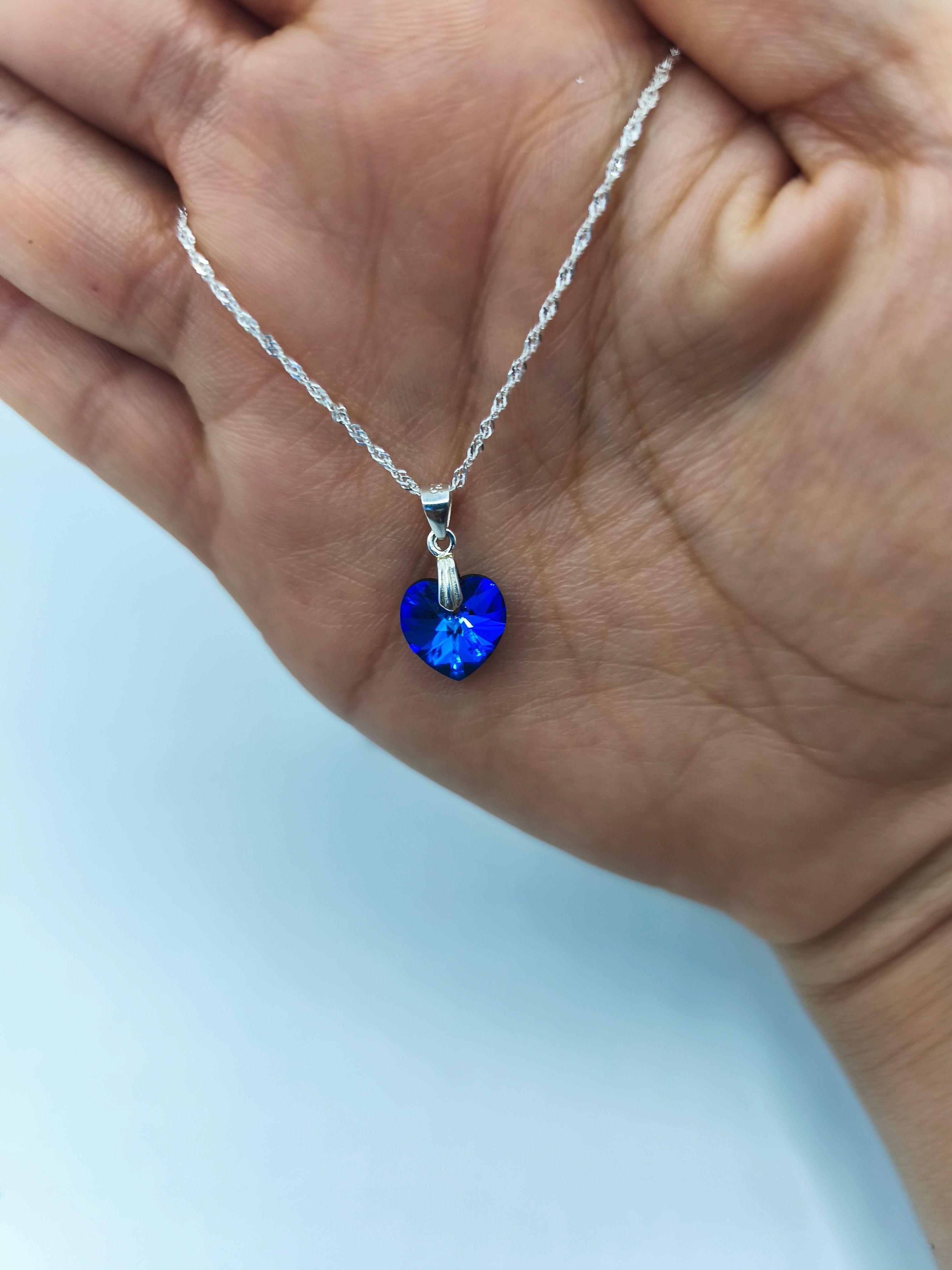 Collar Juvenil Corazón Cristal Azul Plata-2