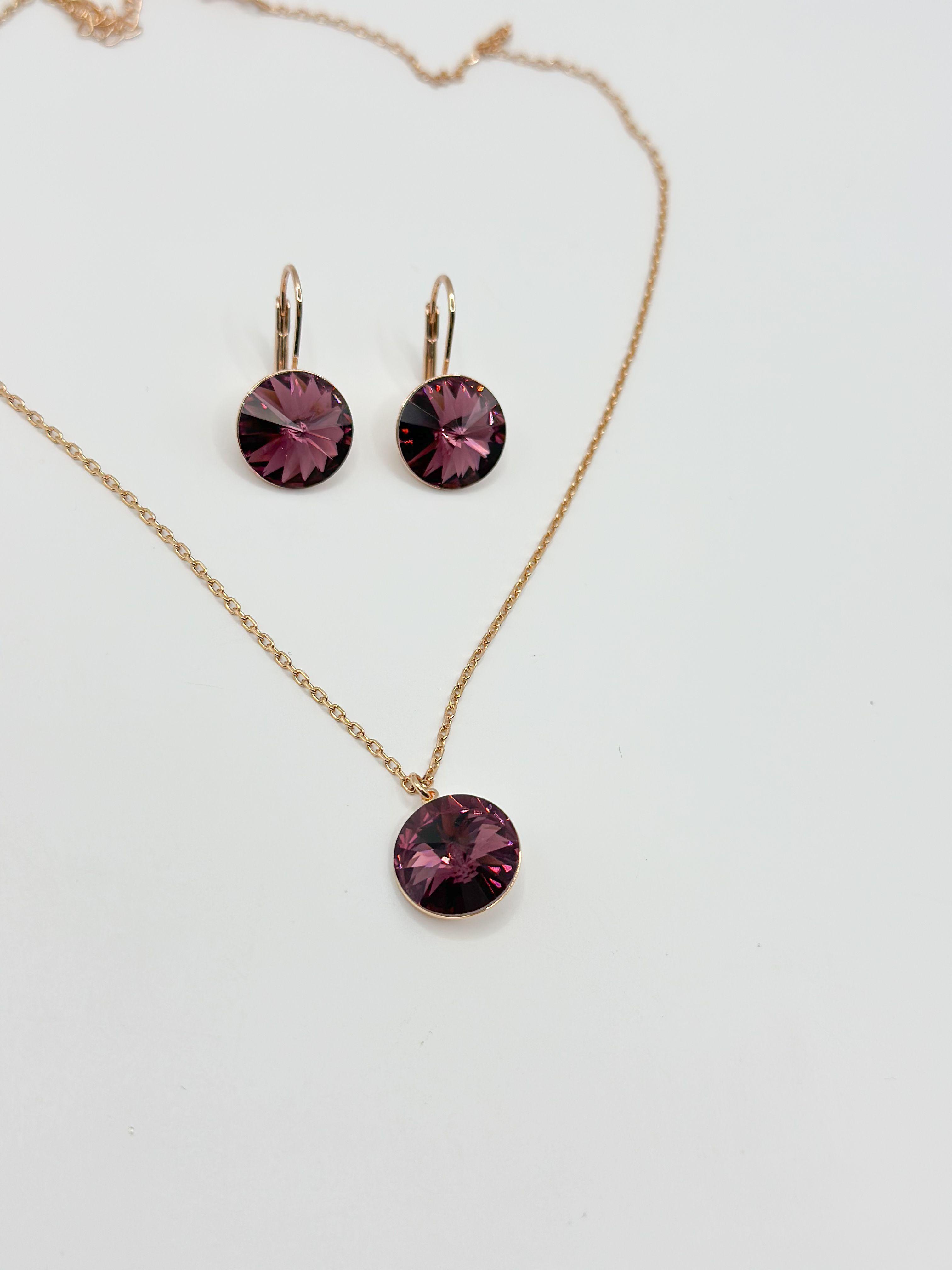 Conjunto Collar Aros Cristal Morado Baño Oro Rosa-3