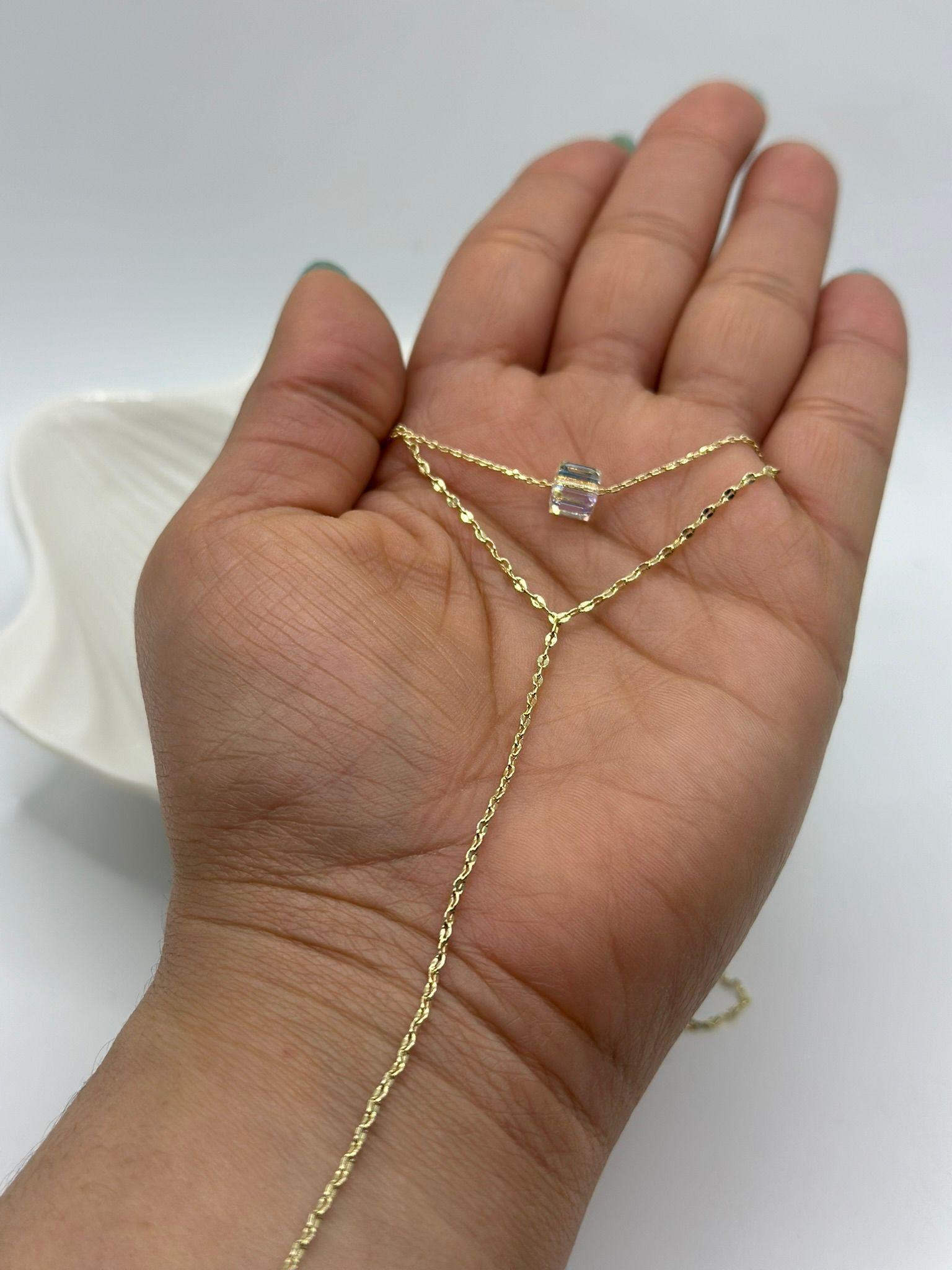 Collar Doble Corbata Cubo Cristal Tornasol Plata Baño Oro-2
