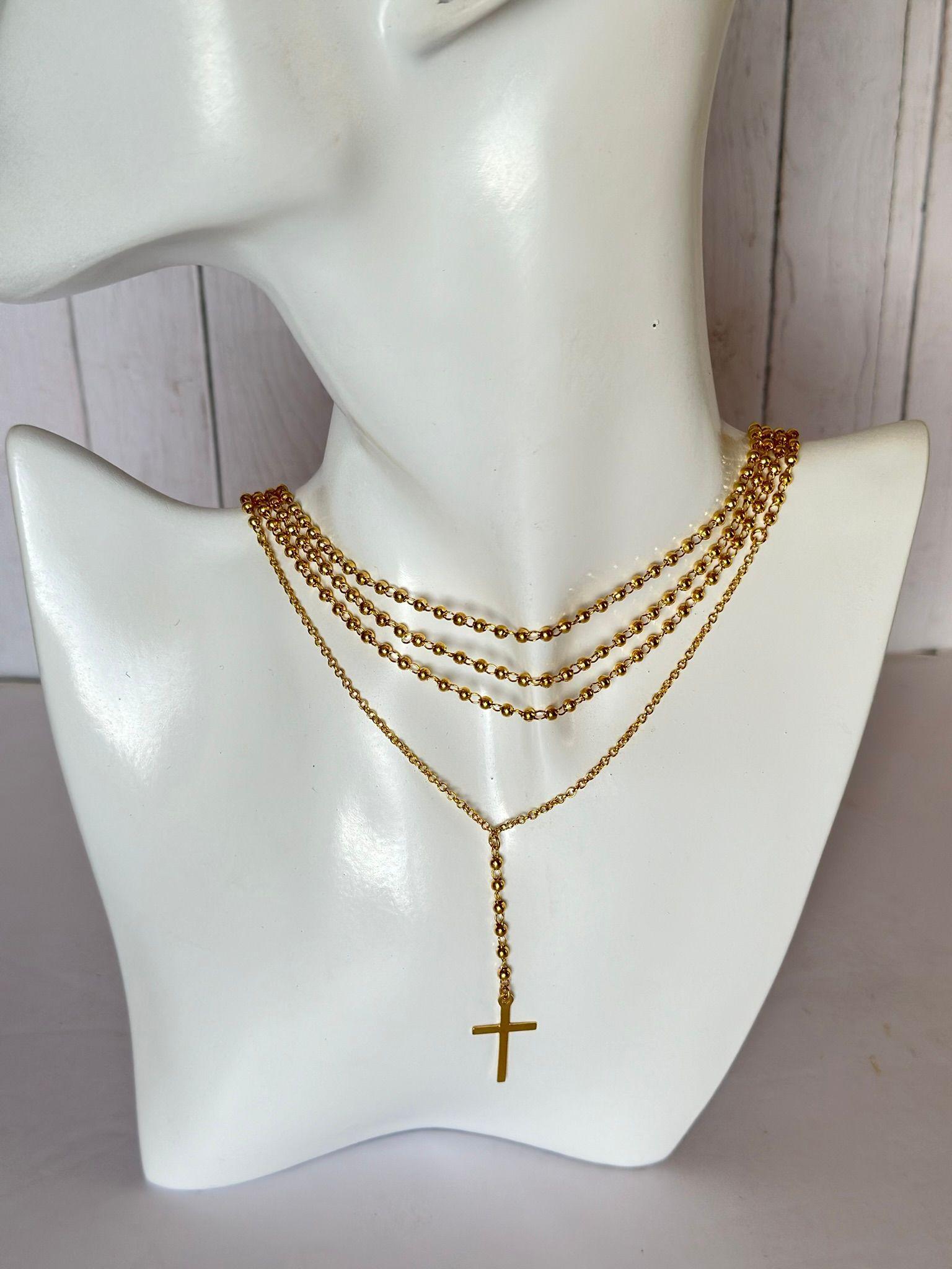 Collar Dama Rosario Triple Cruz Chapado Oro-2