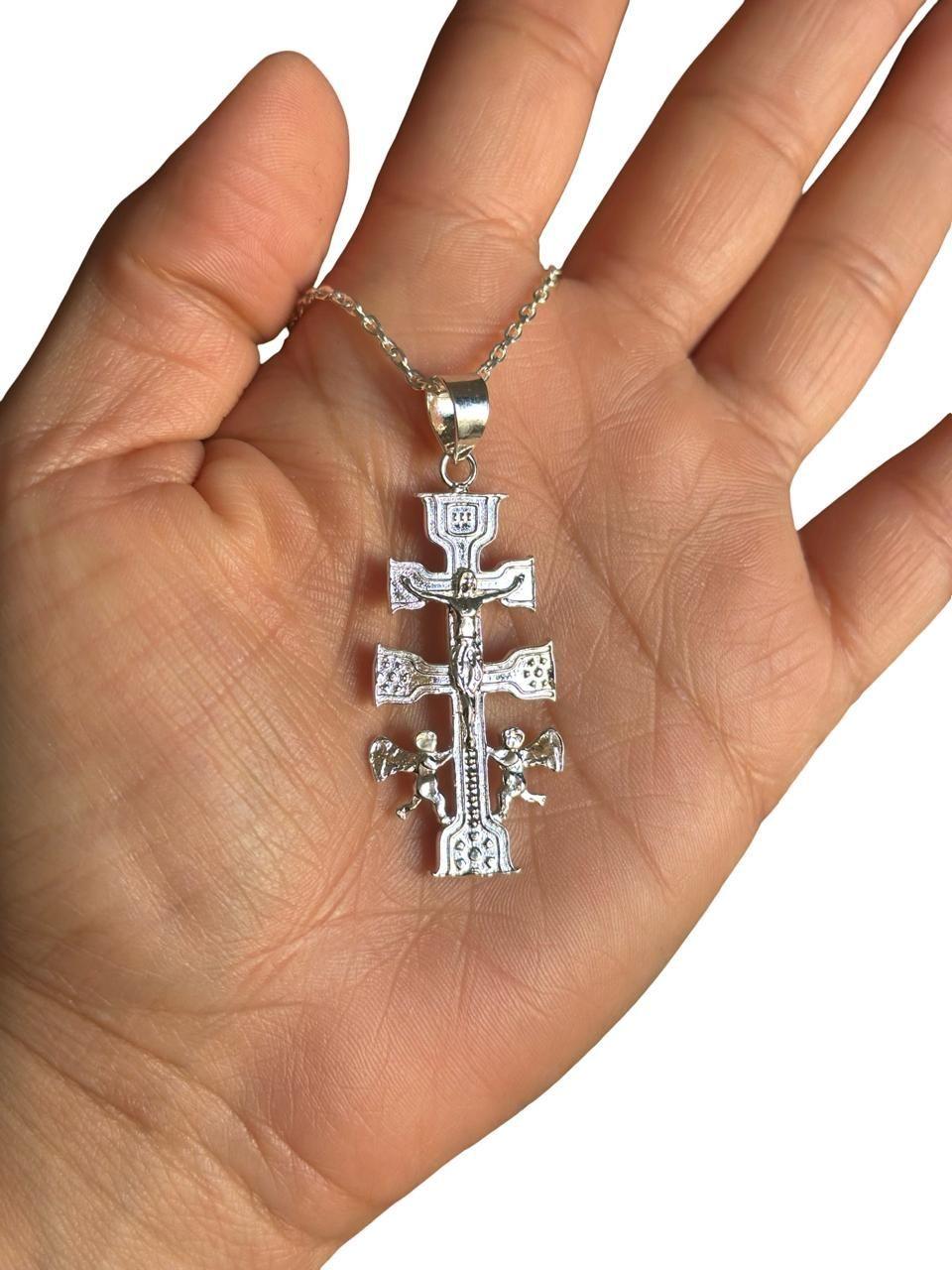 Collar Cruz De Caravaca Plata Ley 925 Cadena 60 Cm-1