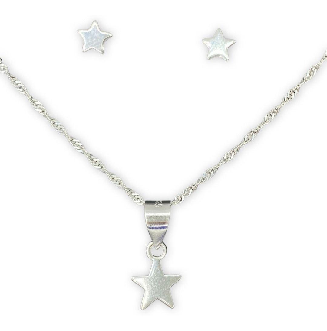 Conjunto Collar Dije Aros Estrella Juvenil Plata Fina 925-0
