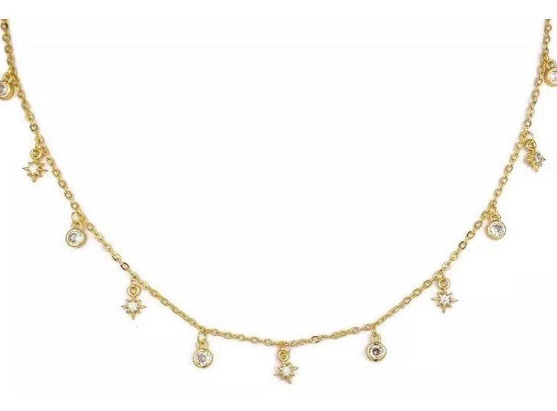Collar Estrellas Punto De Luz Colgante Plata S925 Baño Oro-0
