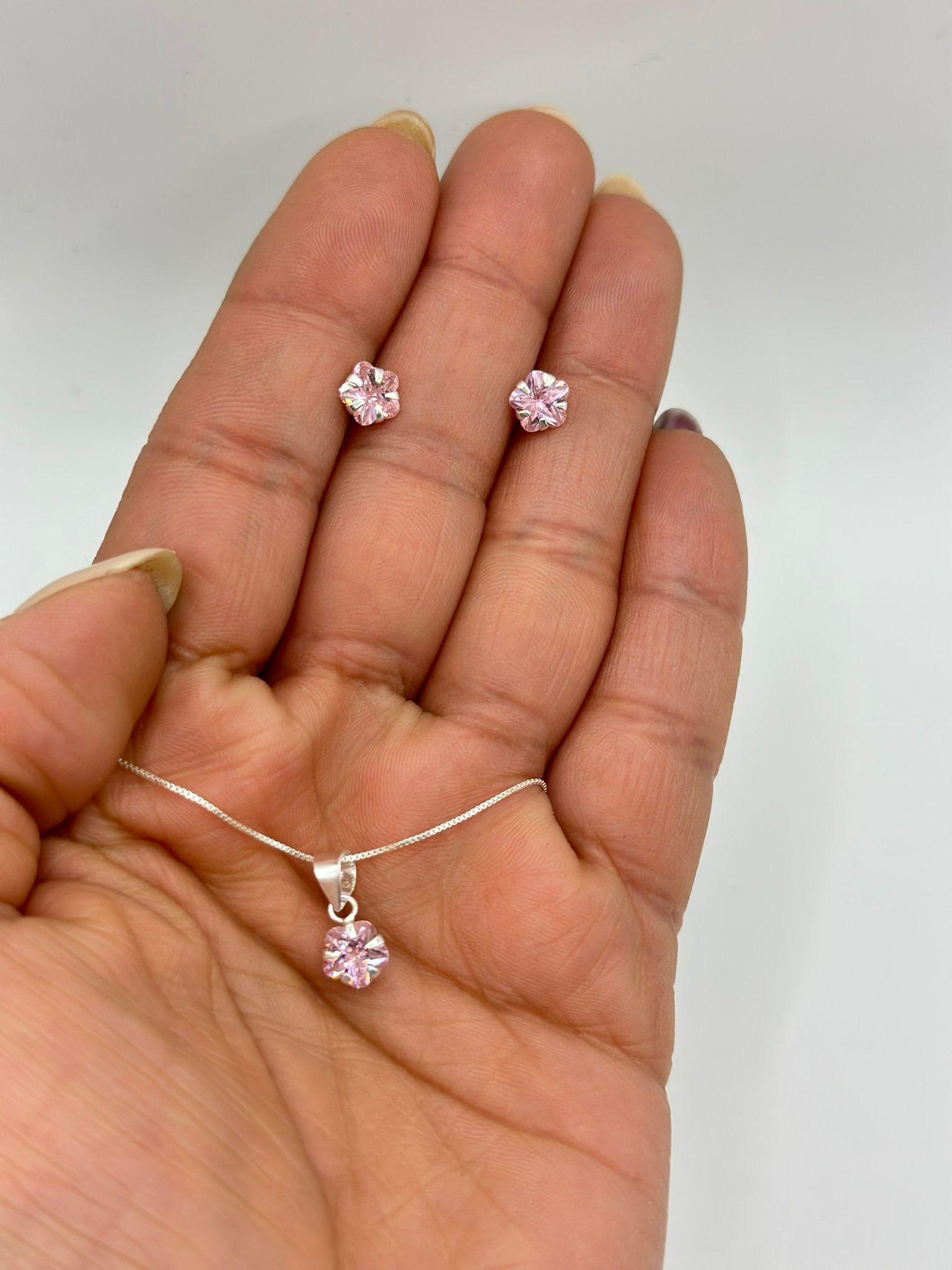 Conjunto aros collar flor circon suizo rosado plata italiana 925 mas caja de regalo-1