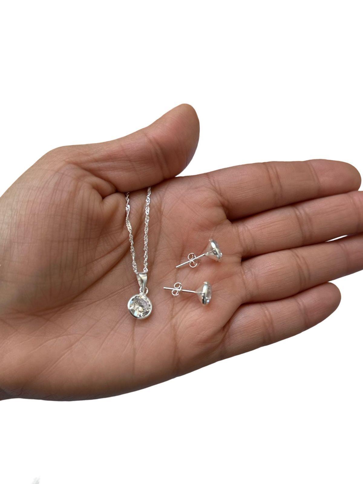 Conjunto Collar Colgante Aros Punto De Luz Plata Ley 925-2