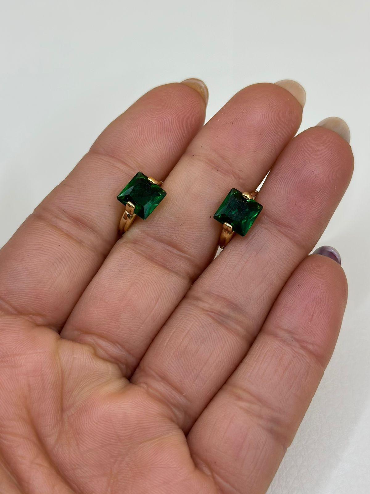 Aros Argollas Piedra Verde Cuadrada Plata S925 Baño Oro Caja-1
