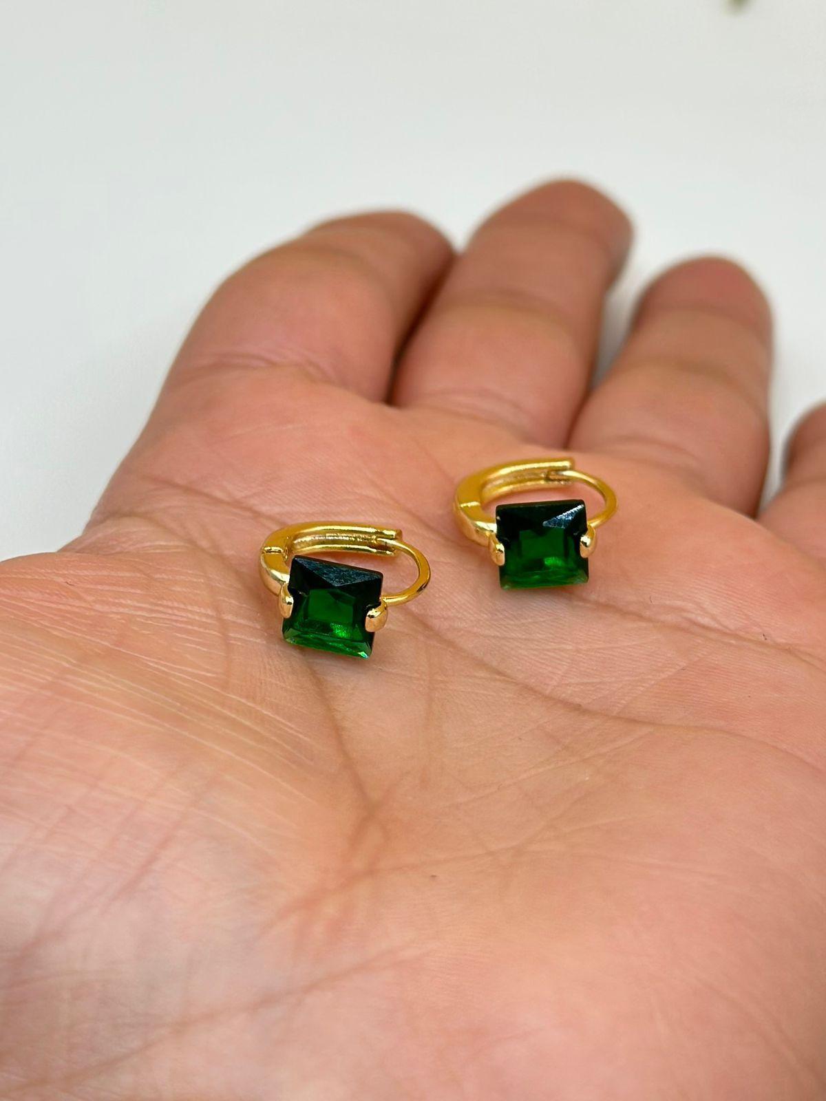 Aros Argollas Piedra Verde Cuadrada Plata S925 Baño Oro Caja-2
